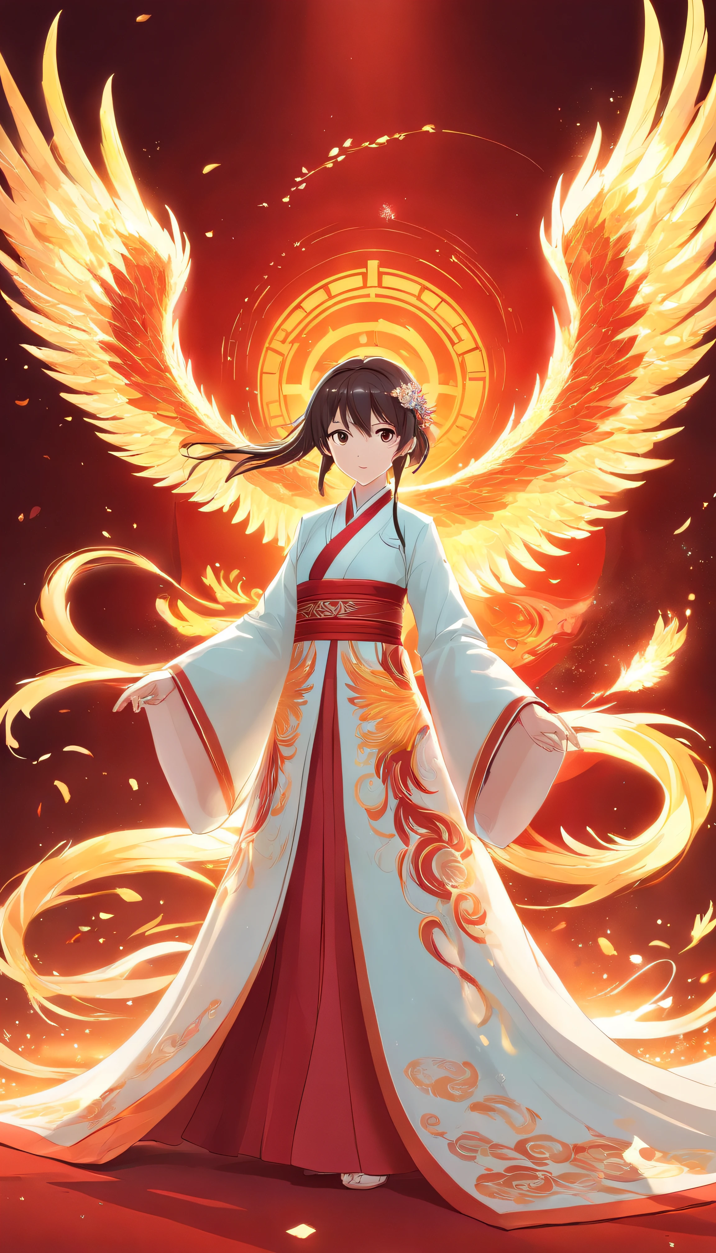 Stunning Chinese Hanfu Wedding Cloak,Crystal translucent phoenix embroidery. The phoenix shines like a diamond. Phoenix is resurrected,Dragging a 2-meter skirt. It used to be beautiful, noble, Red, magia, Octagonal rendering, Surreal, Pastel background