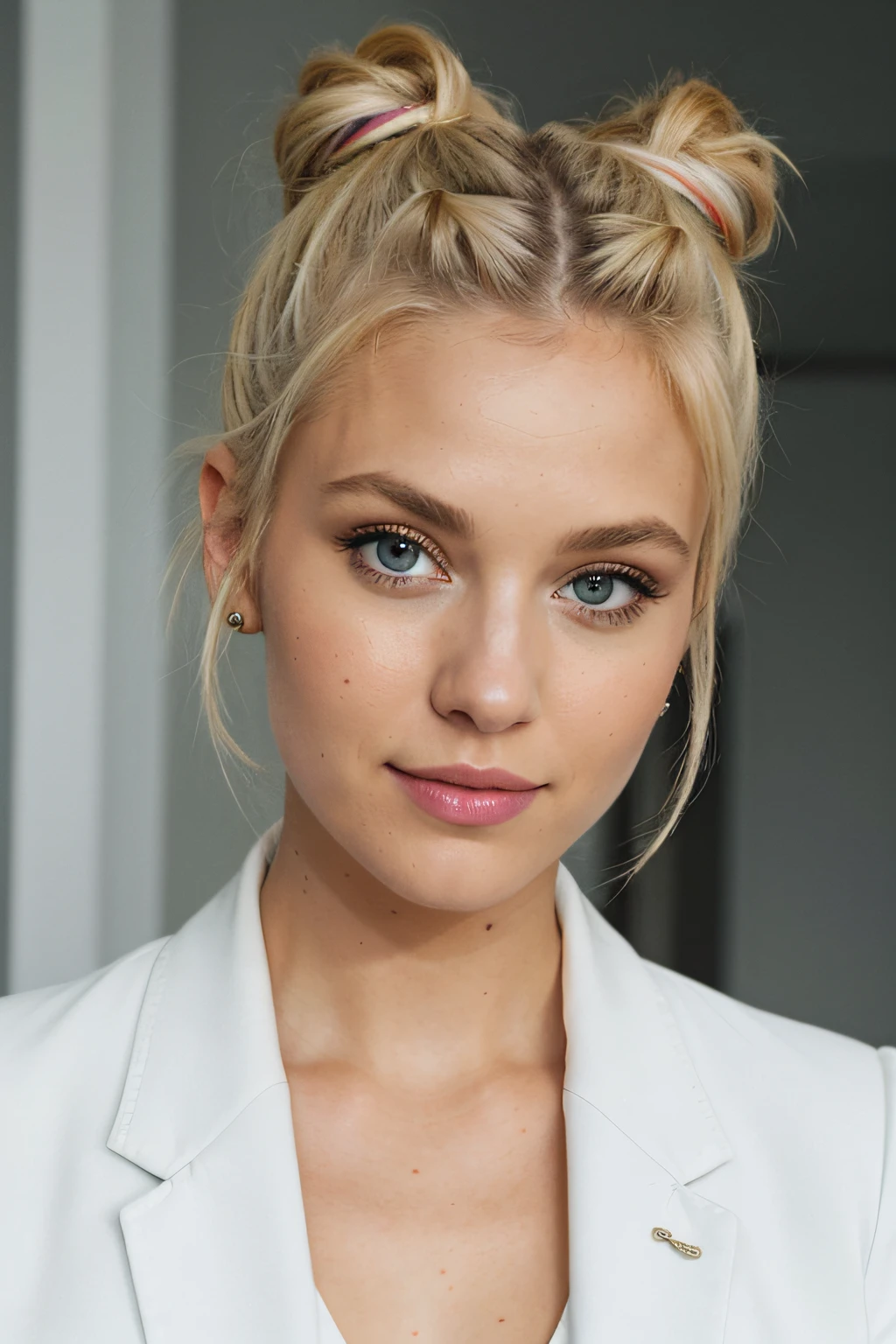 an eye contact of a blond with 'messy space buns' in white blazer