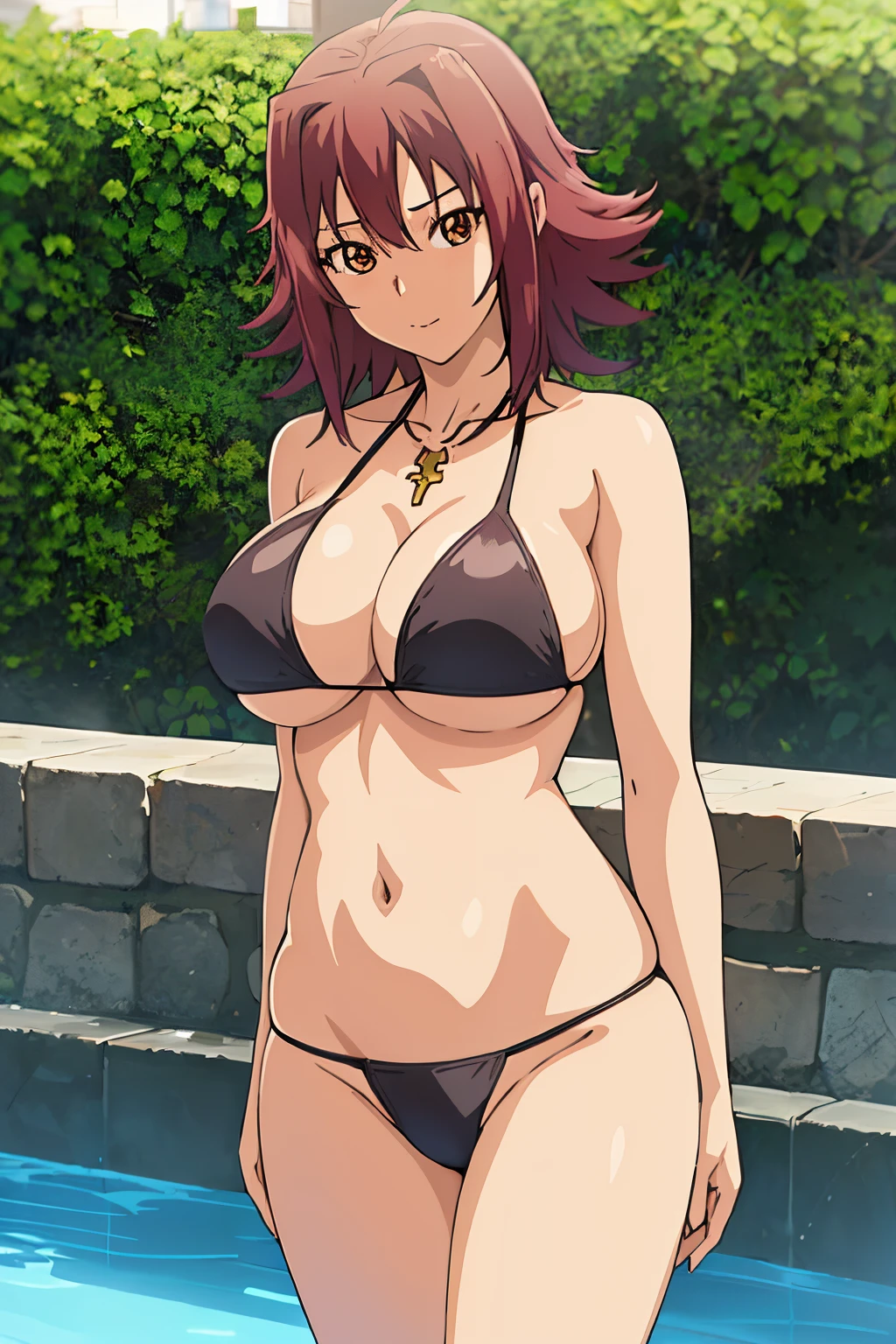 an anime girl、Cool girl、beautiful a girl、female high-school student、garments:Bikini swimwear、rating:safe、Black bikini swimsuit、huge tit、girl with very big breasts、Short redhead girl、Brown-eyed girl、solo、navel、diamond-shaped hair ornament、cleavage、looking_at_viewer、outdoors、a girl is standing、bangs、cowboy_shot、Girl with short black hair、shiny、day、pool、collarbone、eyebrows_visible_through_hair、tree、shiny_hair、closed_mouth、stomach、photo_background、fence、water、bare_shoulders、arms_at_sides、strap_gap、shiny_skin、halterneck、railing、The best girls in anime、artwork in the style of guweiz、Detailed Digital Anime Art、perfectly shaded body、realistic anime 3 d style、beautiful attractive anime girl、realistic anime art style、realistic shaded perfect body、