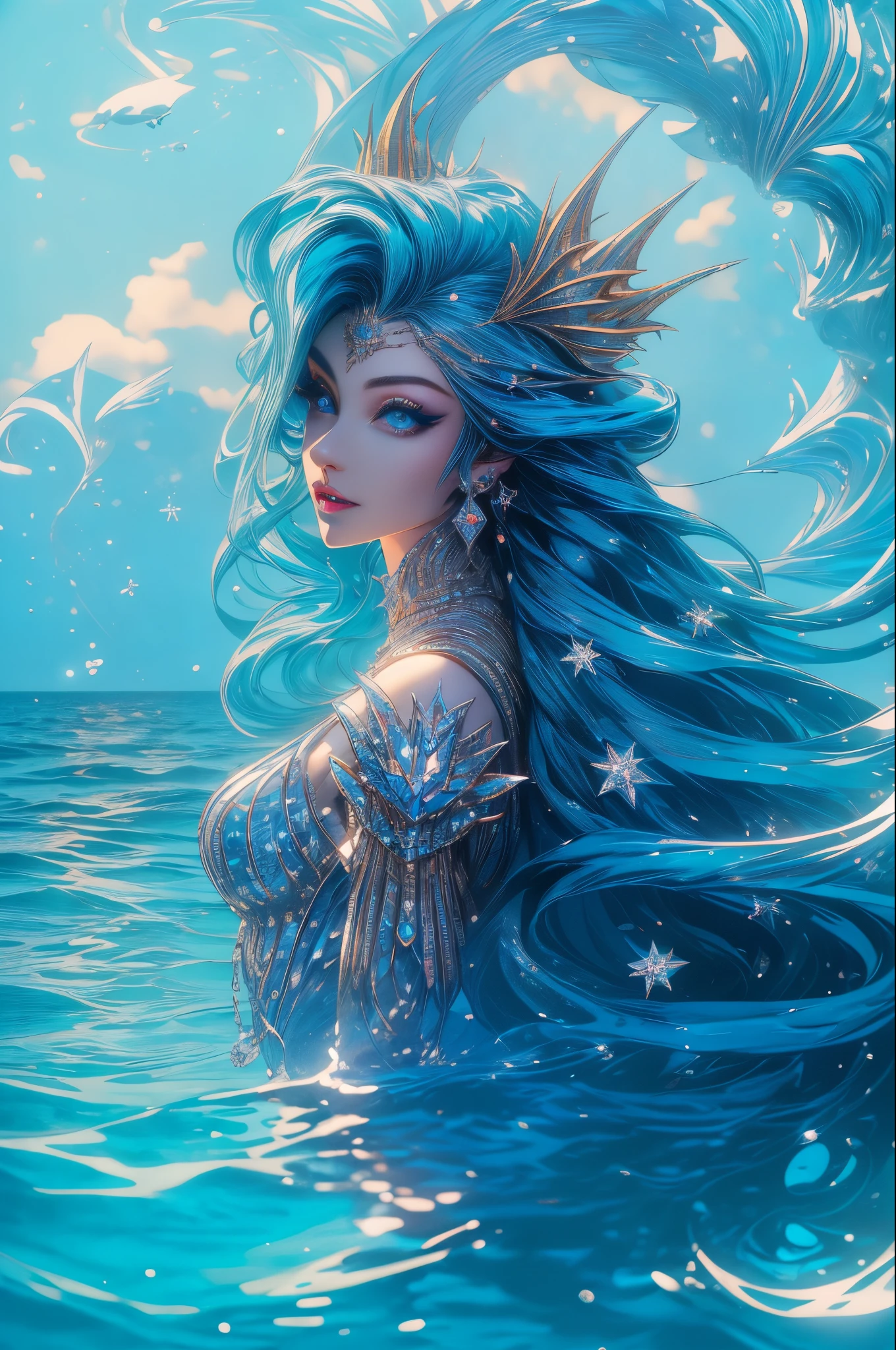 ( Absurd , High quality , ultra detailed, careful with hand ) Mermaid , mermaid tail , dreamy , vivid, romantic, whole body . Optimistic, fair-minded, funny and intellectual face . Reckless, cold-hearted, impatient, overconfident style . Mature , Dark blue eyes (eyes detail) , long hair , deep blue hair with bling bling , in the ocean , water