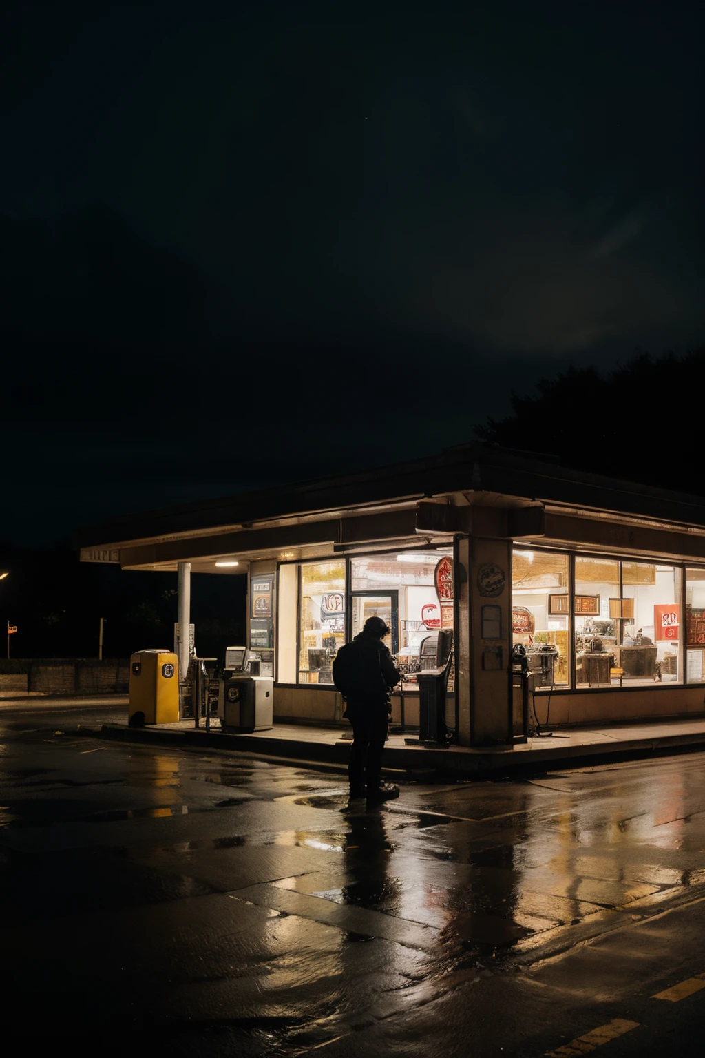ours en peluche jaune , a restaurant is lit up at night on a rainy day, “gas station photography, cgsociety ), sad cop looking at a, by Nōami, picture of a loft in morning, dark ominous mood, petrol energy, a quaint, photo realistic symmetrical, drive out, pouring, terminal dark,super high resolution 
Style: Cinematic