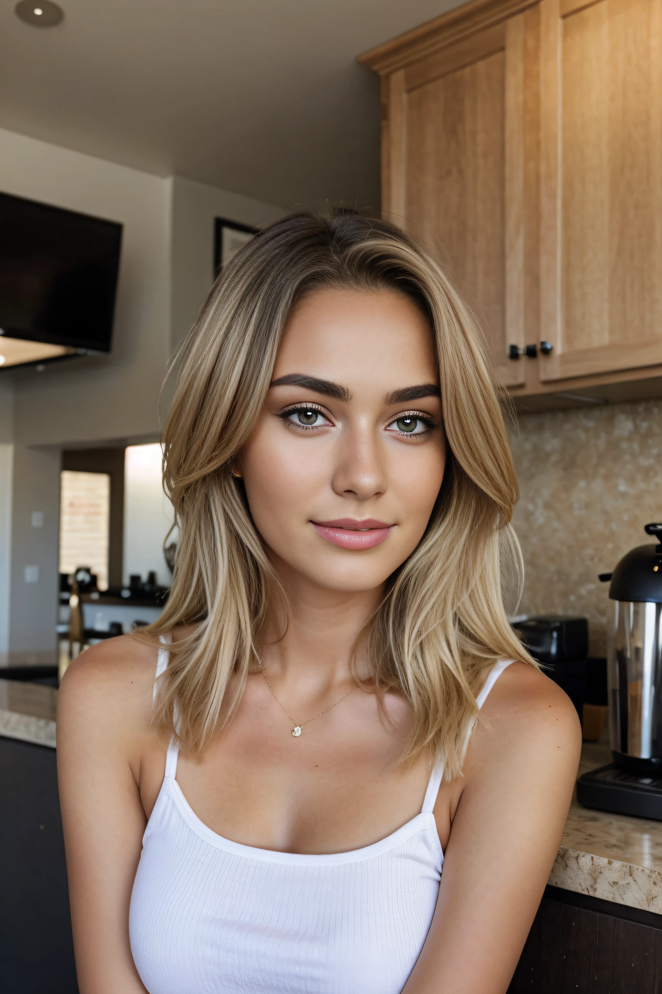 blonde black highlight, realistic, 18 year old, pretty, with a coffee