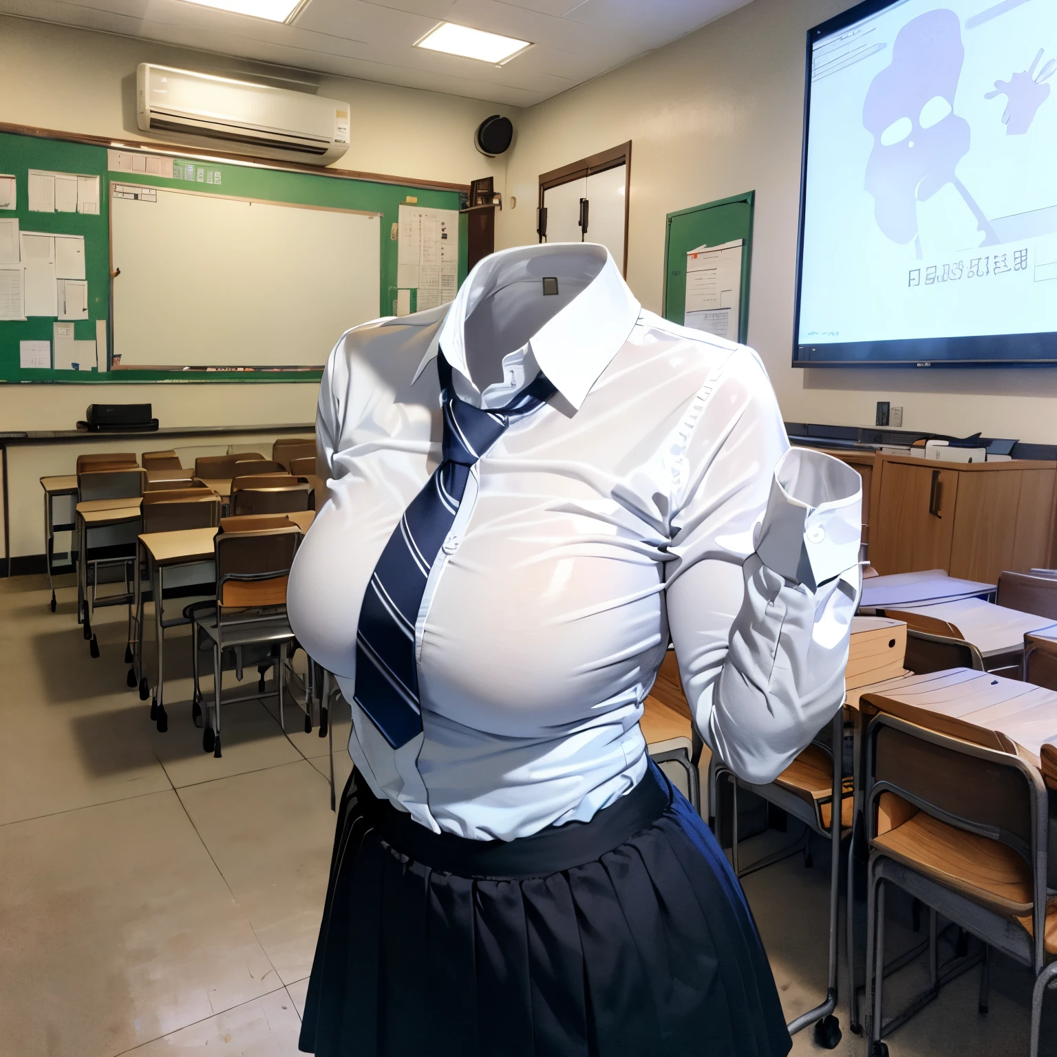 long sleeve, classroom, white shirts, blue stripe tie, dark grey skirt, school tie, (cute pose), (invisible, no humans, headless, faceless:1.5), (cute big breasts), (close-up shot of breasts), hoton mapping, radiosity, physically-based rendering