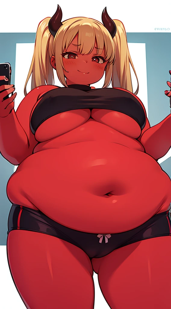 best quality, high_resolution, obese girl. red-skinned demon girl, with red skin, with a lustful face has her hips on the camera, the camera can see her panties, blonde pigtails hair, brown eyes, a boob size A, sfw