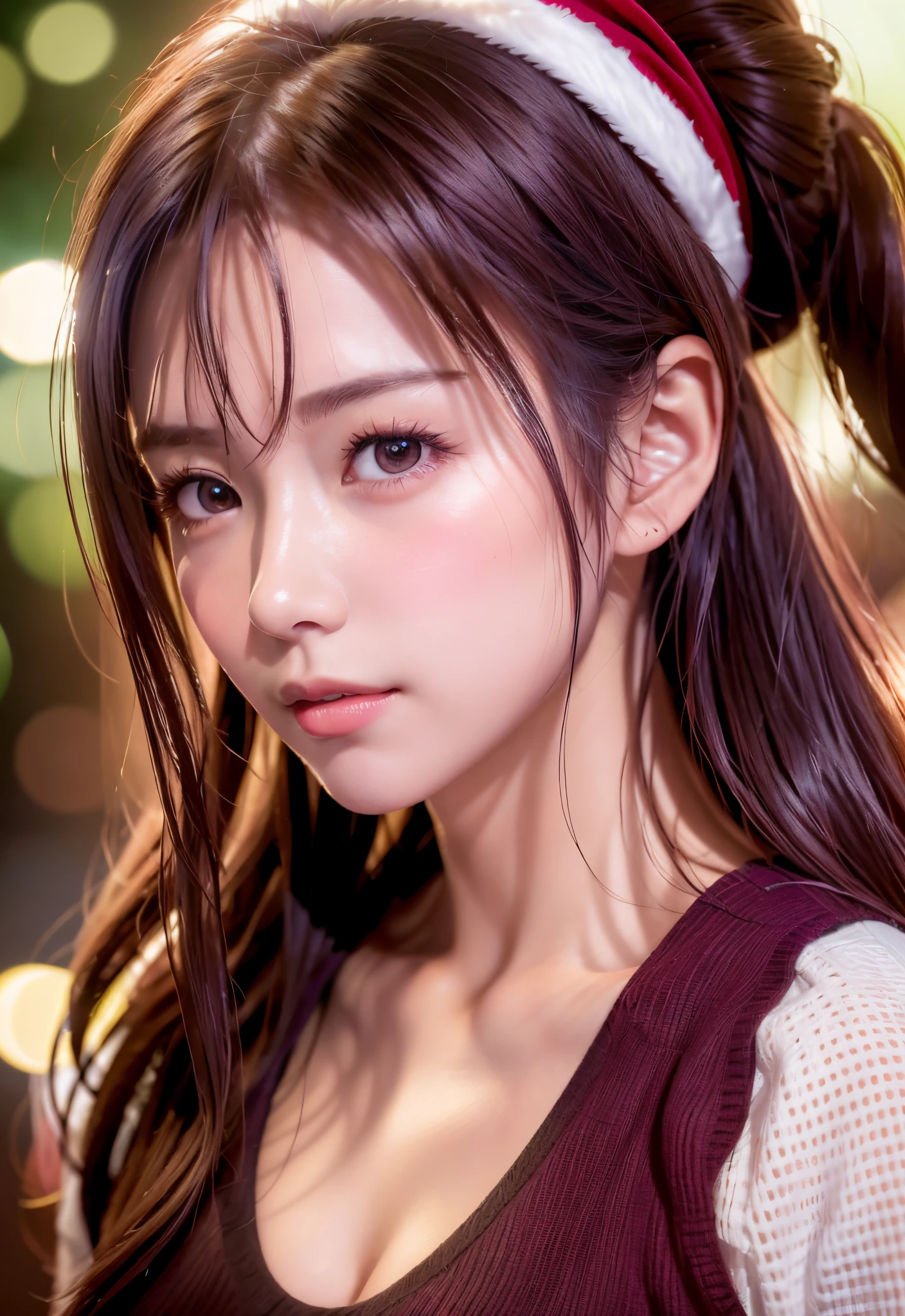 8K, of the highest quality, masutepiece:1.2), (Realistic, Photorealsitic:1.37), of the highest quality, masutepiece, Beautiful young woman, Pensive expression,、A charming、and an inviting look, cute santa clothes, Hair tied back, Cinematic background, Light skin tone