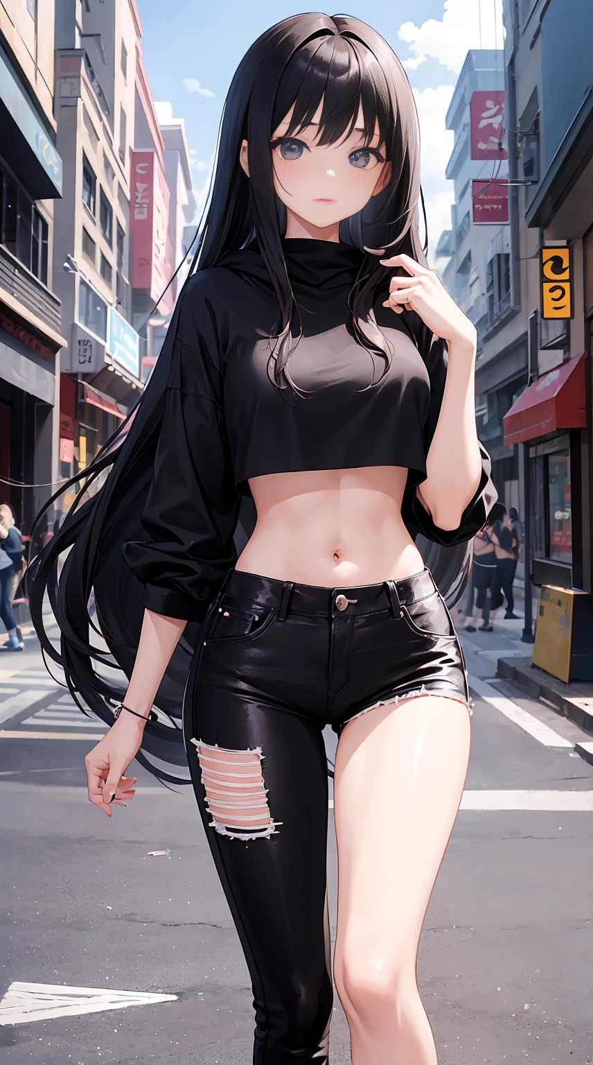 ars old girl, 1girl in, Young Girl, Anime style, skinny body, Anime young girl wearing crop top black hoodie, Skinny Jeans Pants,Black long hair, White eyes, Posed photos of her cute poses, Straight down the street of the tower, Anime Art Wallpapers, Detailed, 8K, High quality,very big tits、Beautiful、