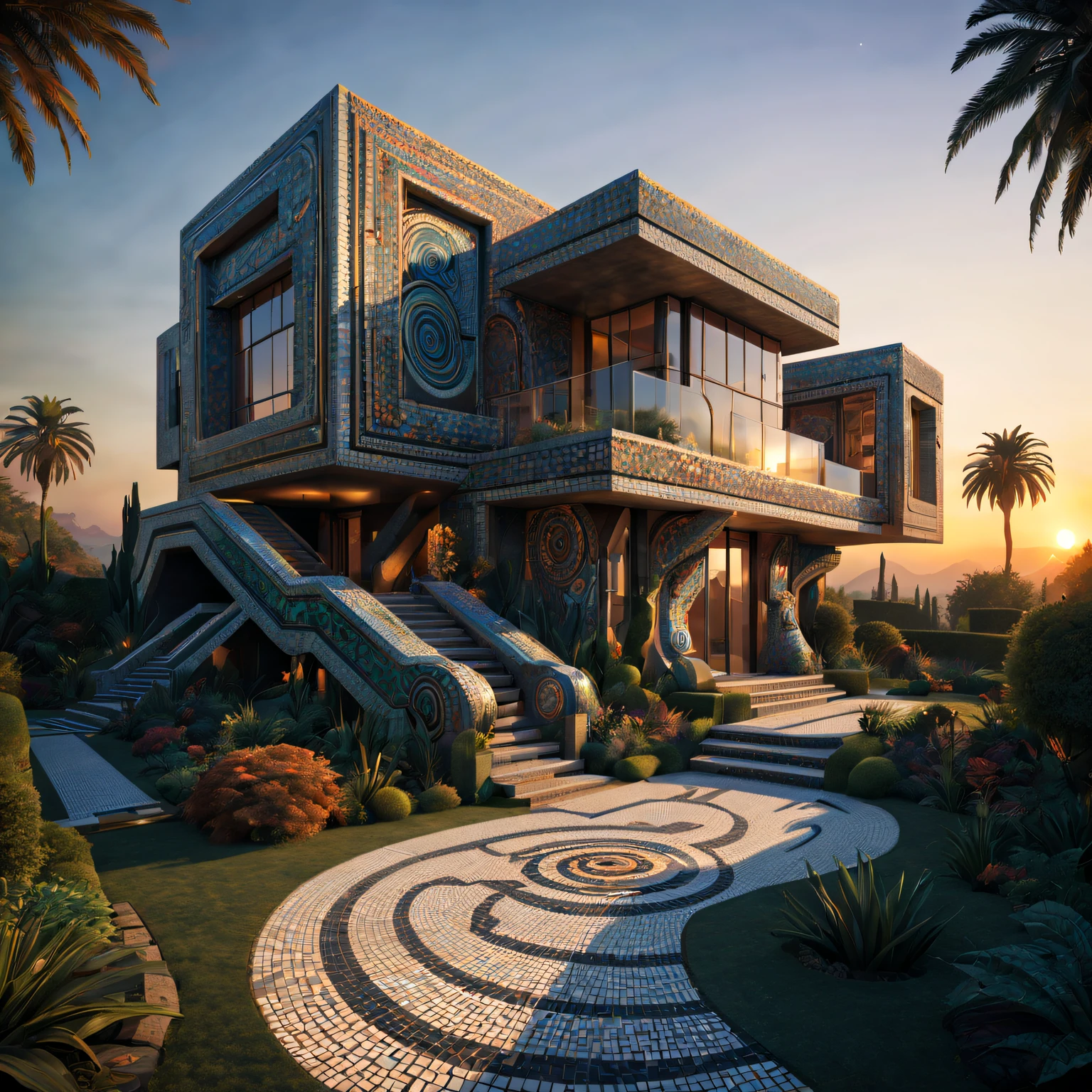 Afu Futurism, Tribal style villa, external garden, Mosaic tribal sculpture, flagstone road, the sunset, ultra-realistic realism, afofuturism, ultra-realistic realism, artistic décor, concept-art, Stereofuturism, lightand shade contrast, Ray traching, mosaic art, wide wide shot, Best quality at best, A high resolution, Award-Awarded, tmasterpiece, 4K