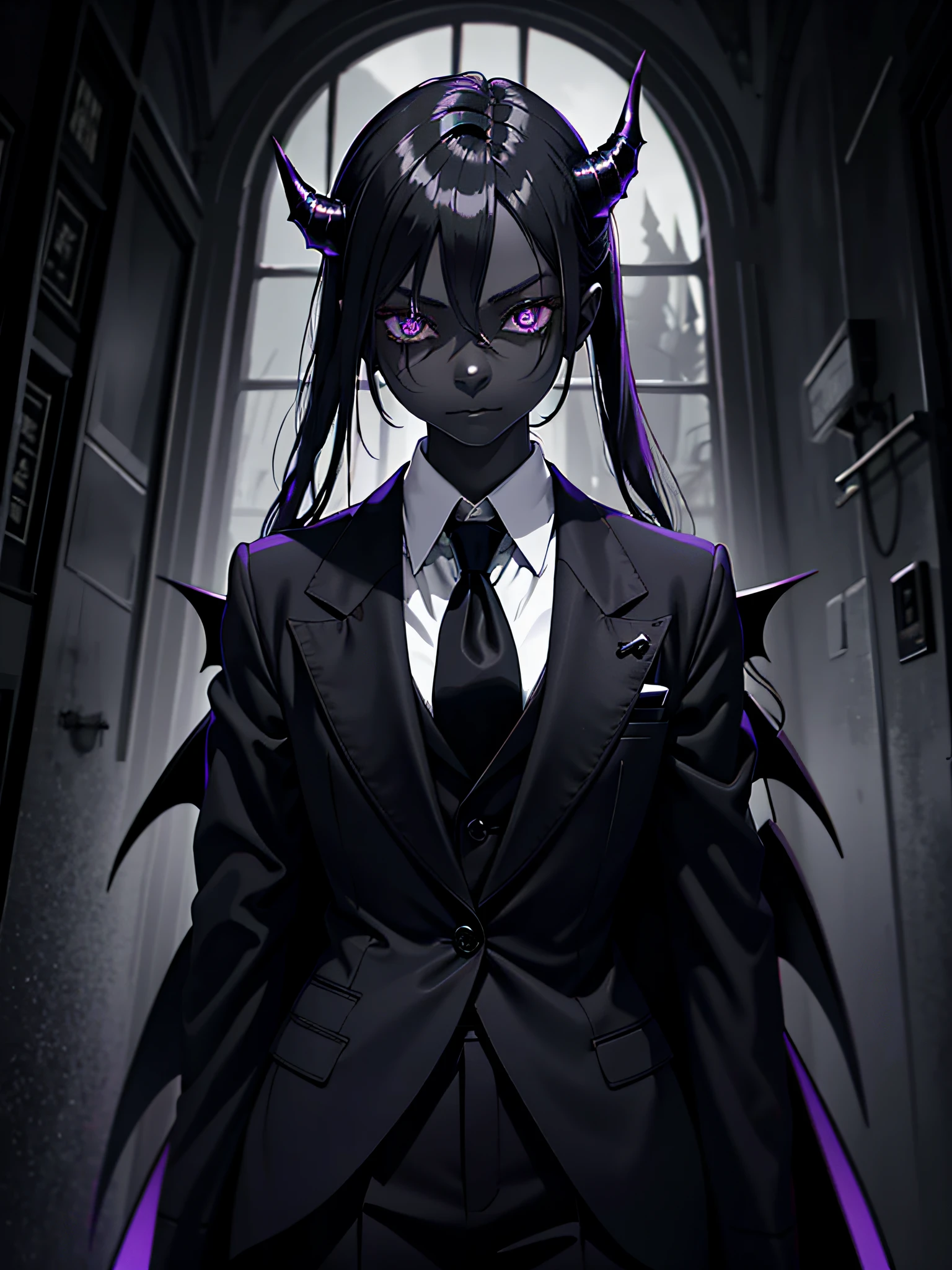gloomy atmosphere, gloomy demon girl, ((dark gray skin)), (closed formal wear), hands together, Demon girl in good clothes, violet eyes, Cold lighting, Horror atmosphere, perfect anatomy, Masterpiece