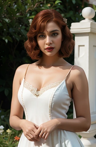 beautiful gorgeous glorious bollywood actress, standing in garden, in ta costume, pretty face, beautiful glorious face, very fine face details, bright eyes, red lipstick, thin nose, red hair, bob cut, curls, very small alluring natural breasts, small round tight breast, not sagging, hourglass figure, perfect body, 4K details, ultra high resolution, skin fine details, full body photoshoot
