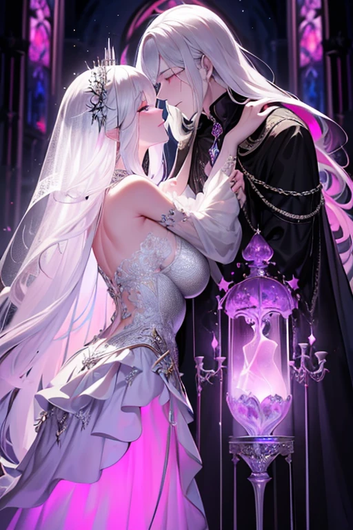 A pink haired woman with violet eyes and an hourglass figure in a gothic wedding dress with bell sleeves is kissing a white haired man with ruby eyes with hair around his shoulders in a black suit in a chapel