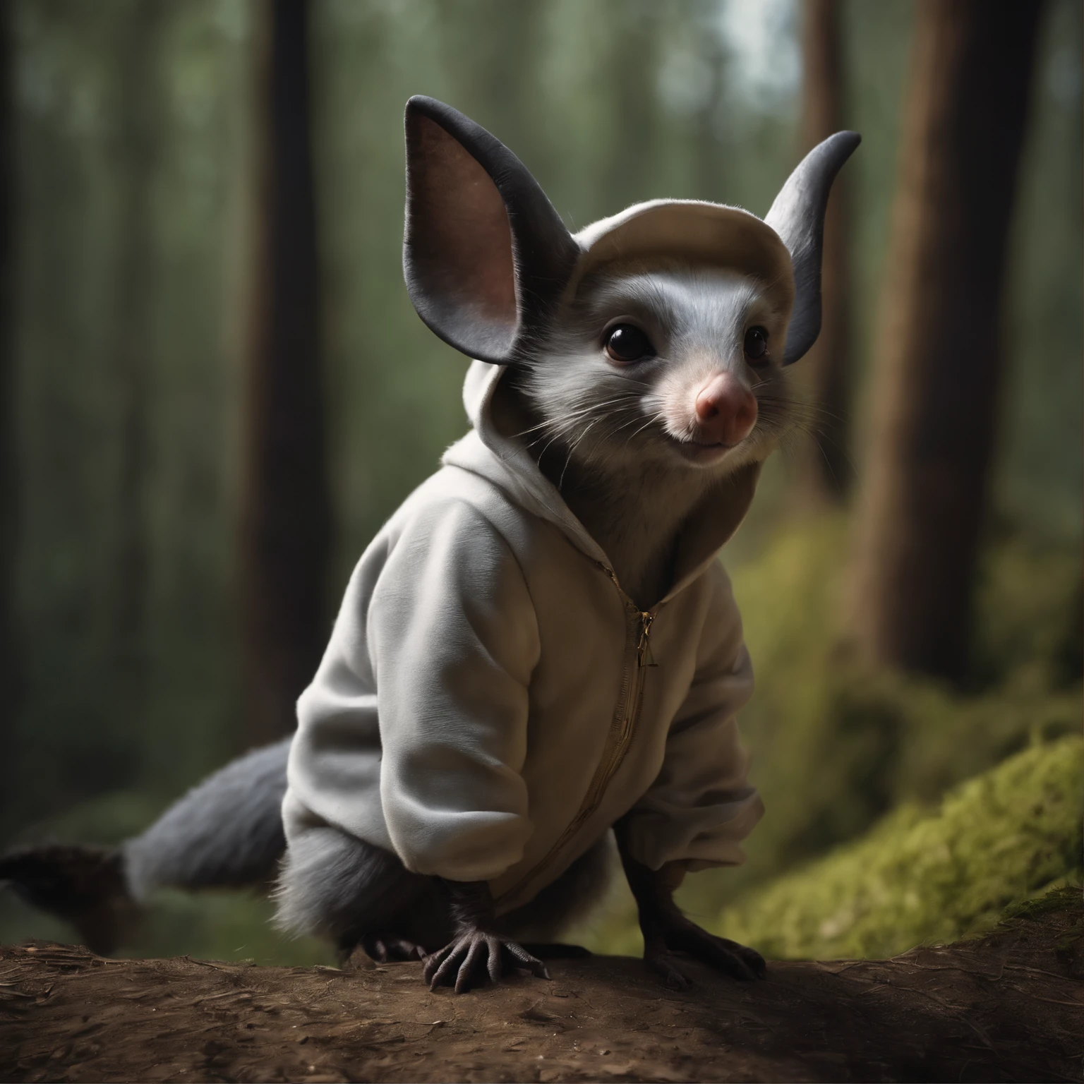 In the cave,Gremlin looks like a fat mole, clothing jacket with hood, In the foreground, large ears, elongated nose,,,,light silver fur, long tail, the mole is dressed in the style of assassins, Forest in the background, the mole is walking along the road, mole raises front paw static movement,