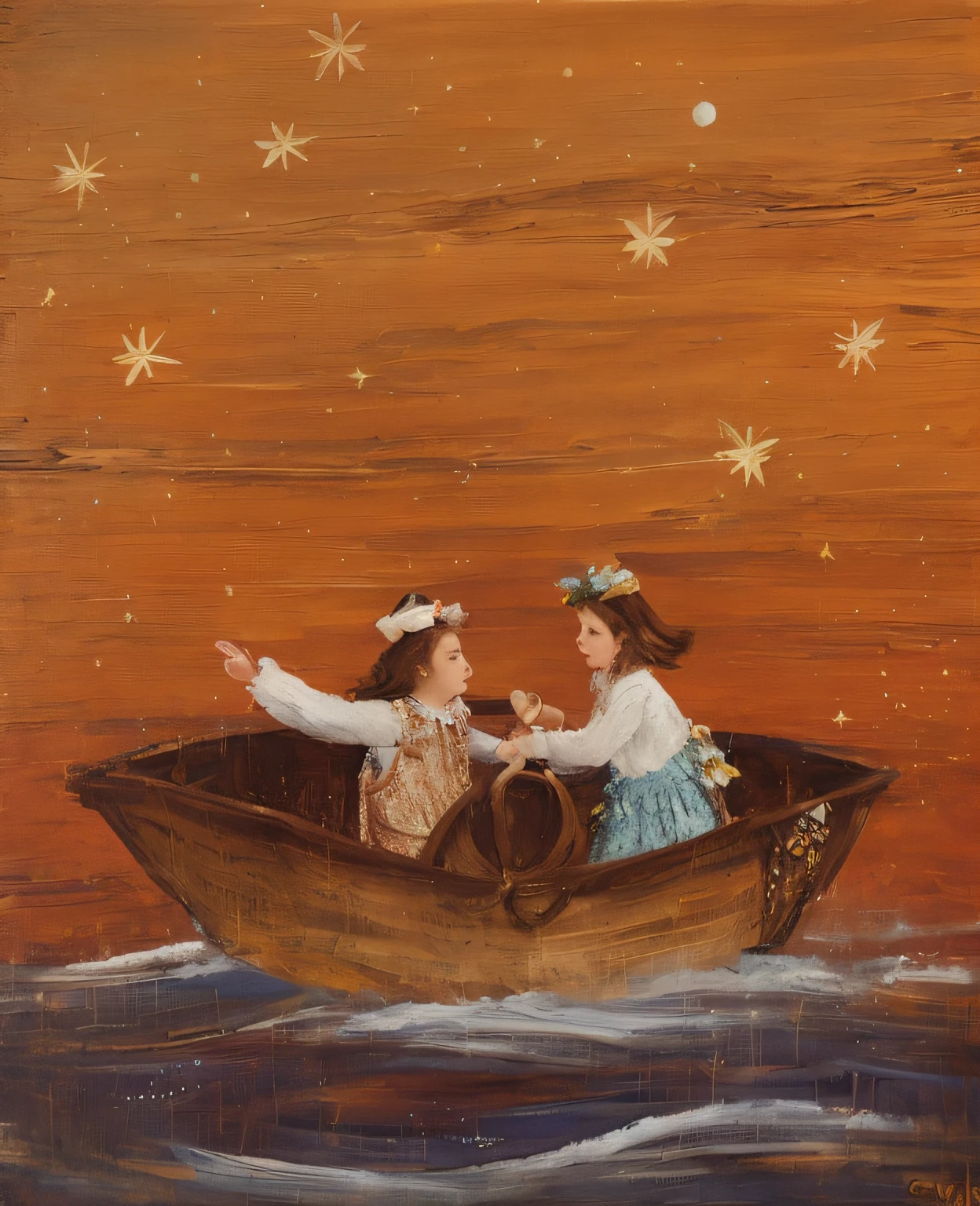 painting of two people in a boat with a sky background, Arte caprichosa, Directed by: Zofia Stryjeńska, romantic painting, Directed by: Nadya Rusheva, pintura de conto de fadas, Directed by: Maximiliano Vanka, flutuando entre estrelas, Directed by: Olga Rozanova, night under the starry sky, Directed by: Zsuzsa Máthé, por Paul Resika, Perfect face without deformation