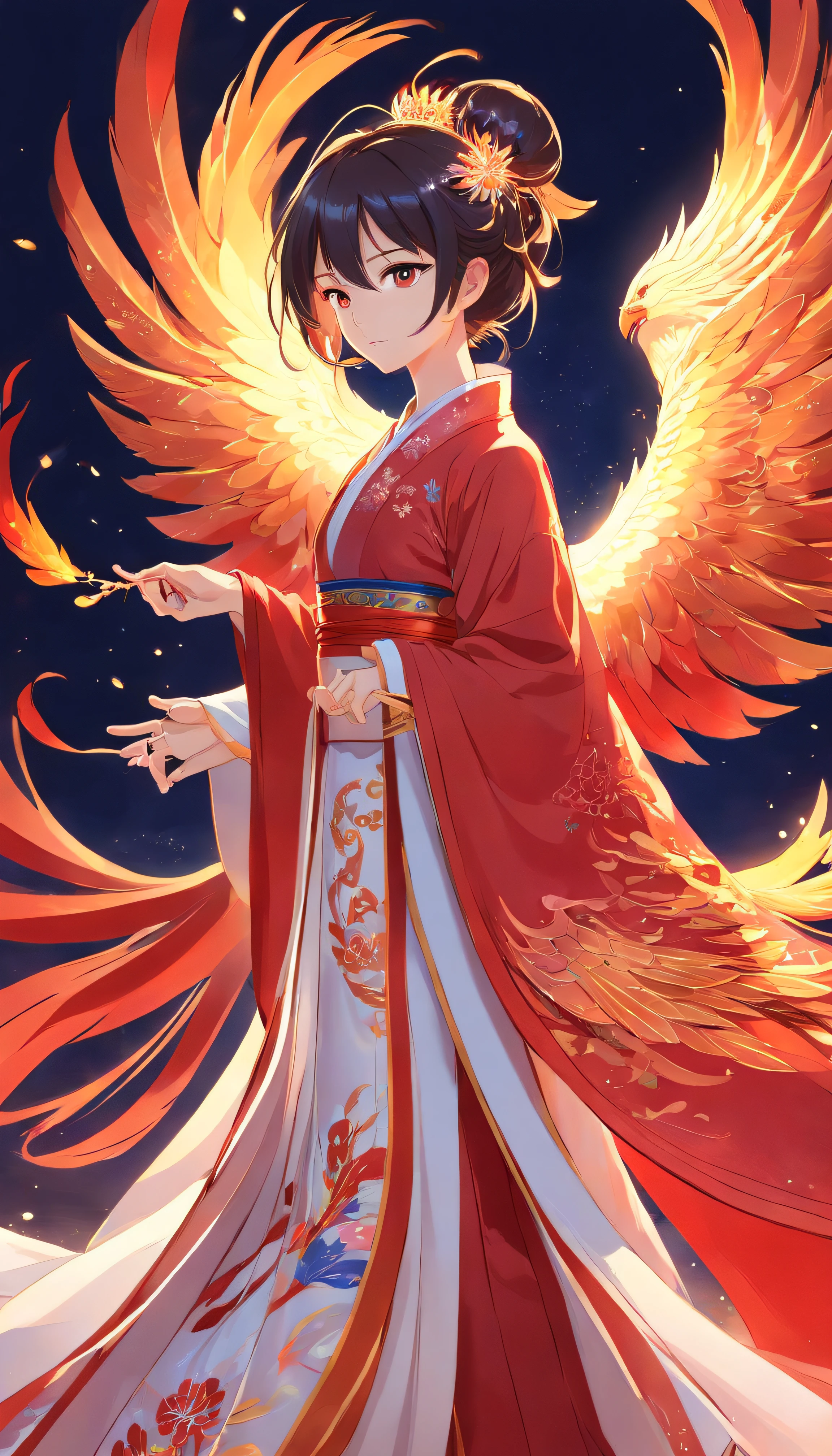 Stunning Chinese Hanfu Wedding Cloak，Crystal translucent phoenix embroidery. The phoenix shines like a diamond. Phoenix is resurrected，Dragging a 2-meter skirt. It used to be beautiful, noble, Red, magia, Octagonal rendering, Surreal, Pastel background