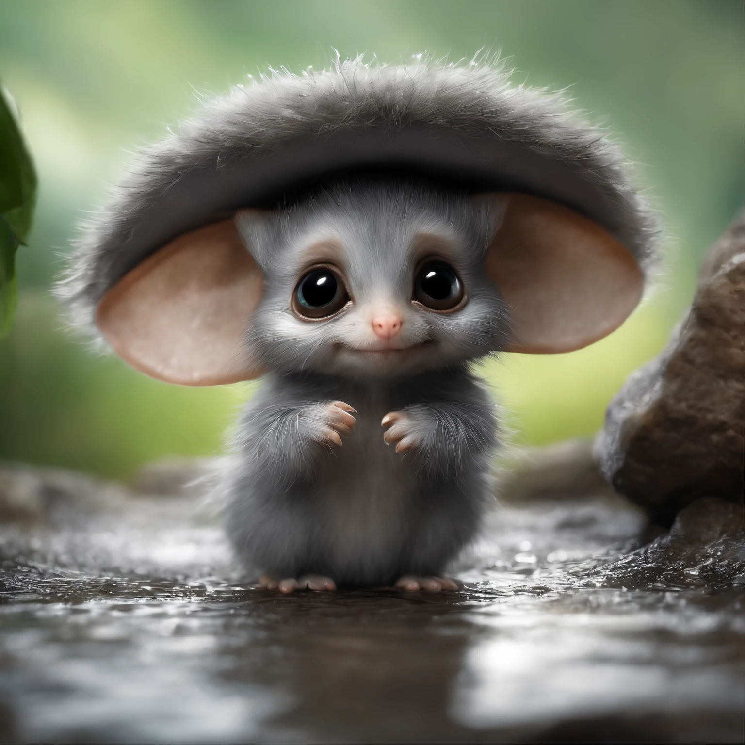 In the cave,Little male gremlin, looks like a fluffy mole in clothes,large ears, elongated nose,,, light silver fur, It's raining, Gremlin mole catches a raindrop, Static movement, holds paw palm up,Static movement, raises paw to the top, Static movement, palm catches raindrops, Static movement,