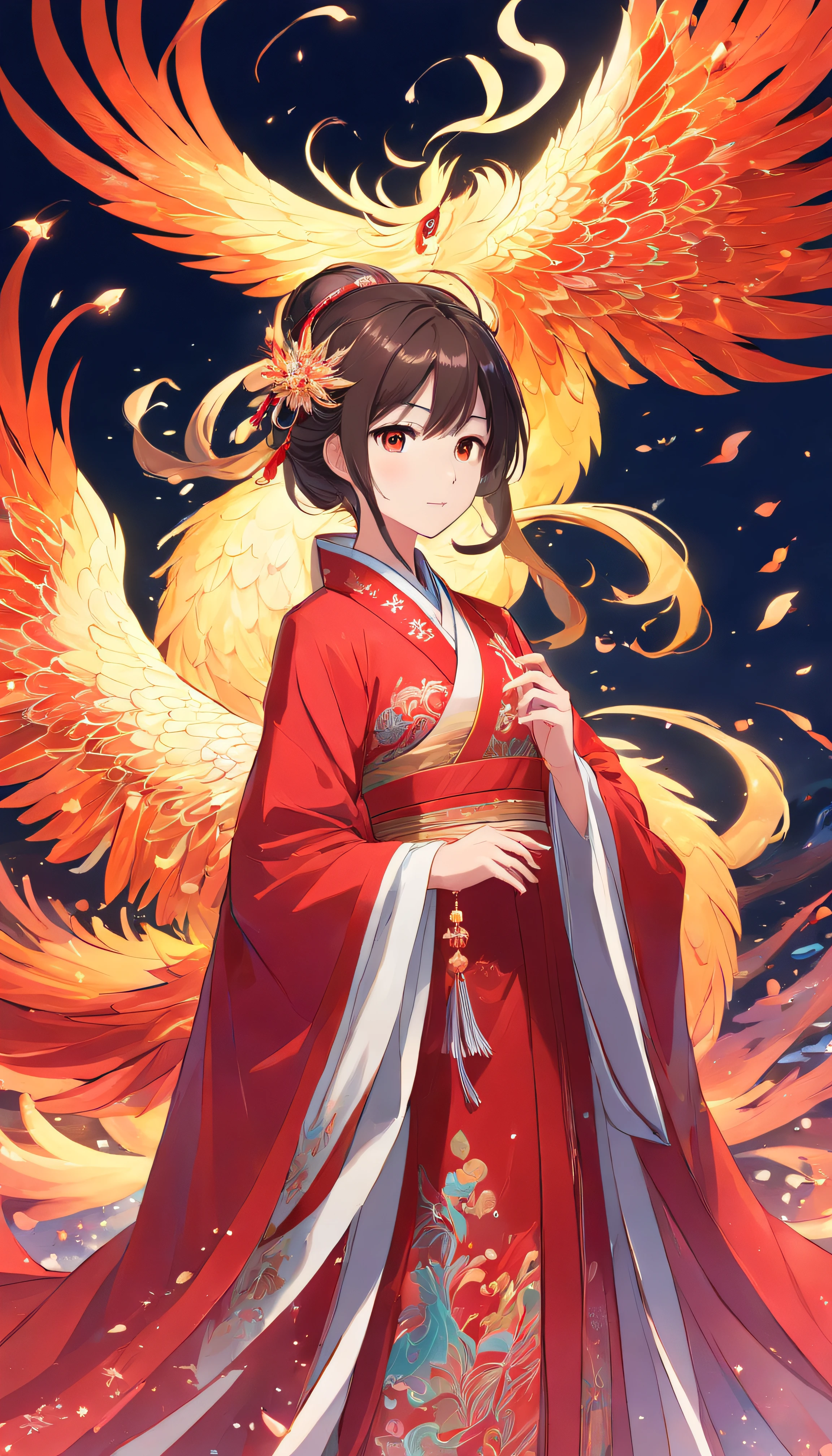 Stunning Chinese Hanfu Wedding Cloak，Crystal translucent phoenix embroidery. The phoenix shines like a diamond. Phoenix is resurrected，Dragging a 2-meter skirt. It used to be beautiful, noble, Red, magia, Octagonal rendering, Surreal, Pastel background