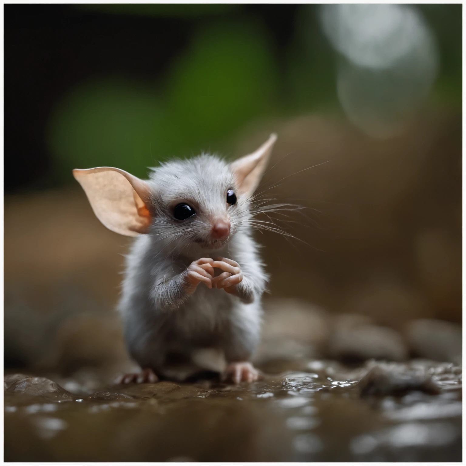In the cave, male gremlin, looks like a fluffy mole in clothes,large ears, elongated nose,,, light silver fur, It's raining, Gremlin mole catches a raindrop, Static movement, holds paw palm up,Static movement, raises paw to the top, Static movement, palm catches raindrops, Static movement,