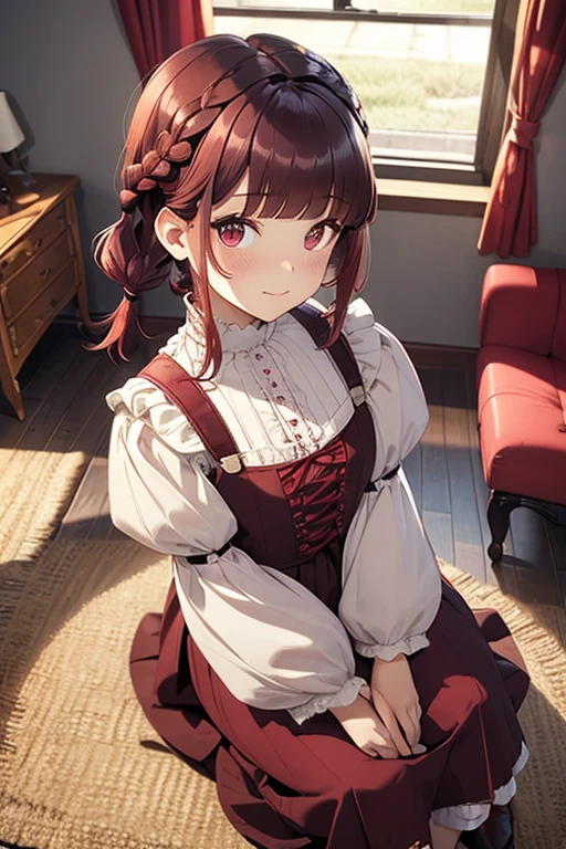 dark red hair, full body Esbian, fluffy hair, Layered Bob, ((Braided shorthair)), ((Braiding bangs)), (asymmetrical length pigtails), ((Single-sided pigtail)), (a short bob), (early modern clothing), inside in room, sit on sofa, Slightly red tide, shyly smile, ((Perspective from above))