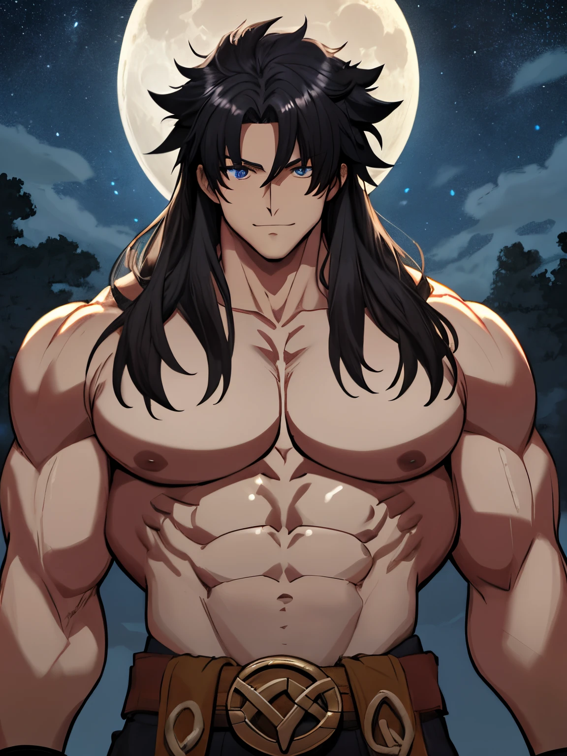 (masterpiece:1.4), (best quality:1.4), 1 man, solo, (Emiya Kiritsugu \ Fate\Zero):1.2), a muscular man, tanned complexion, jet black hair, (((shoulder length hair))) blue eyes, (very detailed eyes:1.2), ((delicate eyes:1.2, anime style eyes:1.2)) (very detailed face:1) (very detailed iris and pupils :1.2) Celtic sword, ((Celtic sword.)) Bare torso, bare shoulders, Shirtless, Topless, Gigachad, body full of enormous muscles, V-shaped body, arrogant smile, shirtless, topless, gigachad, he wear a brown cloth loincloth and a black belt, massive muscles, massive pecs, ((massive pectorals)) ((huge pectorals)) chiseled abs, huge and massive pectorals, exaggeratedly huge and massive muscles, shoulders twice as wide, massive shoulders, 300 lbs, looking at viewer, upper body, Barbarian village in a meadow, sky, night, stars, moon.