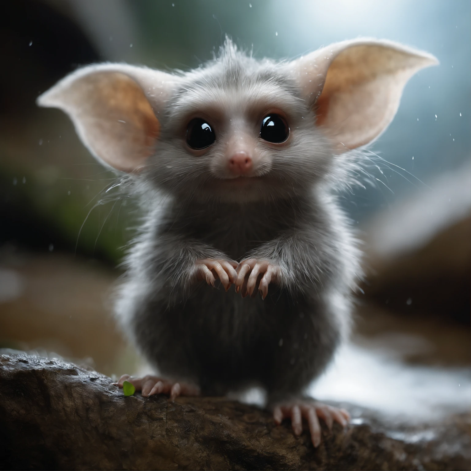 In the cave,Little male gremlin, looks like a fluffy mole in clothes,large ears, elongated nose,,, light silver fur, It's raining, Gremlin mole catches a raindrop, Static movement, holds paw palm up,Static movement, raises paw to the top, Static movement, palm catches raindrops, Static movement,