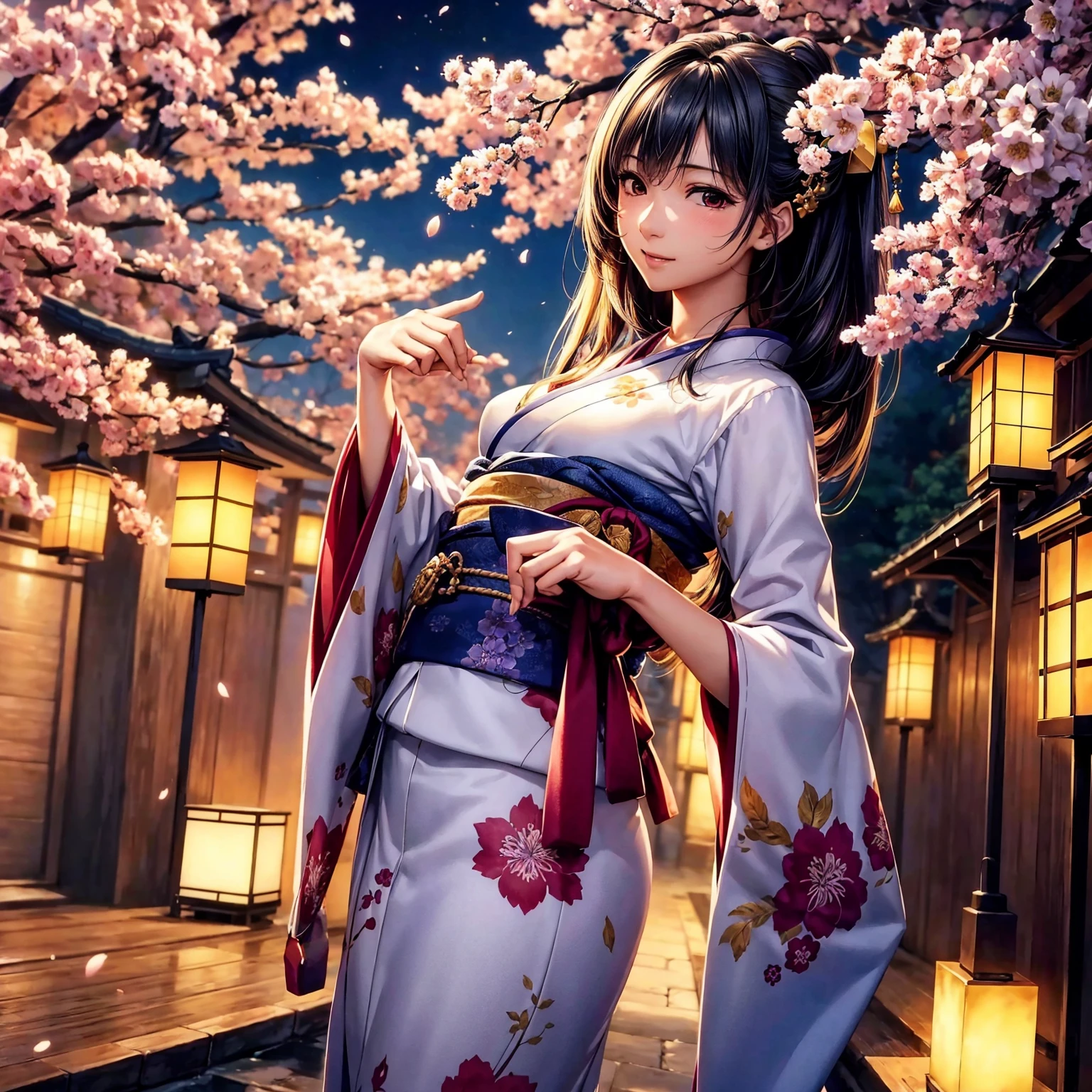 (top-quality、masterpiece、very high res、Ultra high resolution/high image quality detail 1.5)、One woman with perfect and ultimate beauty(18 years old 1.5)、Realistic portraits、Beautiful breasts with a slender body shape(F Cup 1.5)、Beautiful body、美丽的面容、Beautiful hair、Realistic textured skin and、Wearing a beautiful Japanese kimono、Kimono comes with colors and patterns、Bright smile、Hair flutters under the influence of the wind、Japanese garden with beautiful cherry blossoms at night、Mysterious night sky、Beautiful Landscapes、(accurate detail、the detailed images、Accurate images、Perfect Image 1.5)、、beautiful anime woman, Beautiful Art Style, an animated character、The whole picture、Detailed picture、accurate anatomy、Defect-free images、natural soft light、beautiful image、extremely detailed picture、(Best Shot 1.2)