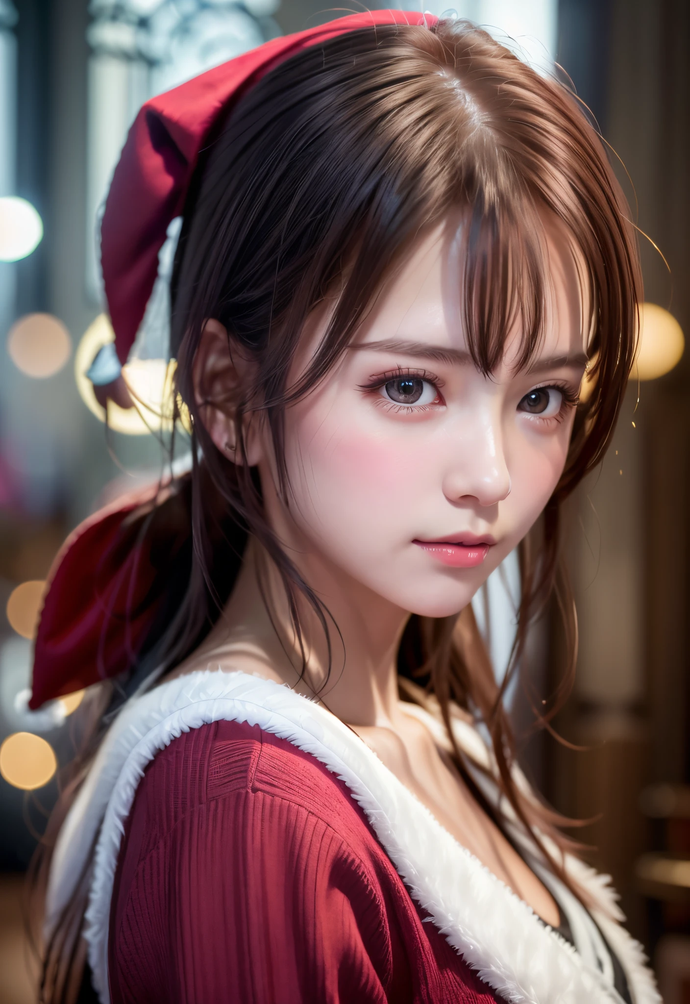 8K, of the highest quality, masutepiece:1.2), (Realistic, Photorealsitic:1.37), of the highest quality, masutepiece, Beautiful young woman, Pensive expression,、A charming、and an inviting look, cute santa clothes, Hair tied back, Cinematic background, Light skin tone