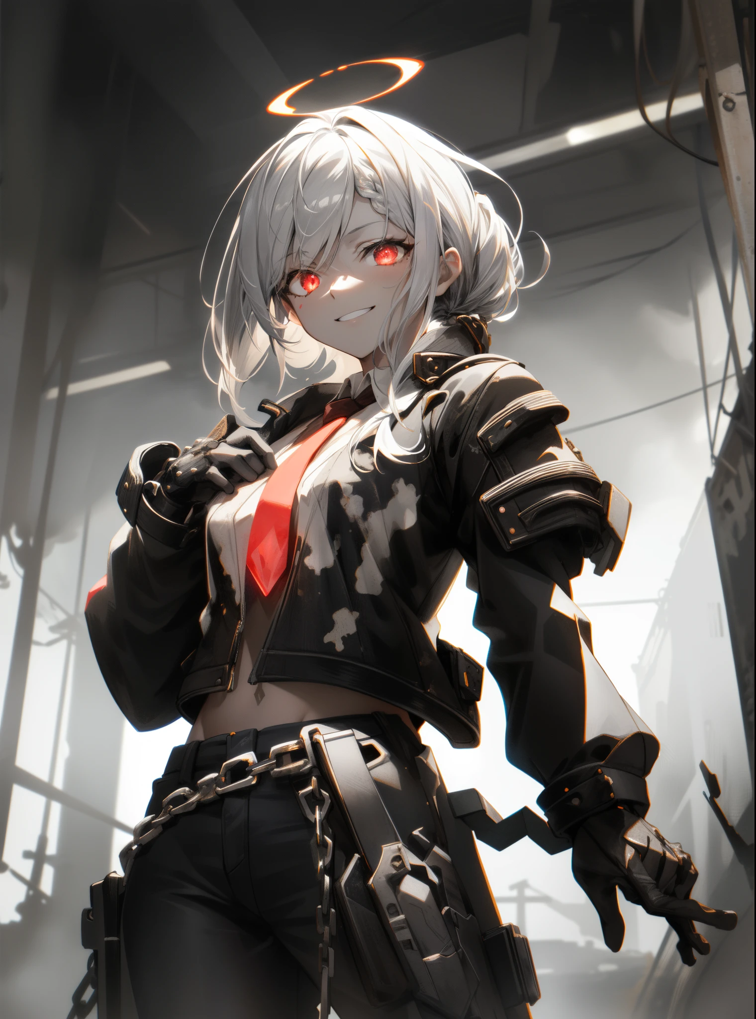 , chromatic abberation, depth of fields, Soft lighting, masutepiece, Best Quality, Convoluted, tone mapped, Highly detailed, art stations, Concept art, Smooth, Great sharp focus, Dramatic Lighting, Highly detailed artwork, Cinematic, painting hyper realistic, Trending on ArtStation, 8K, Incredible shadows, Realistic, (Highly detailed background:1.0), Highly detailed portrait of one girl standing on a street corner, Between a storm with lightning strikes and cloudy skies, neon and cyberpunk background, She is wearing a punk outfit with silver chains, she is wearing a tie, Petite, Detailed glowing red eyes with distinct pupils, Ominous aura halo, Very smiling、Backlighting、silber hair、Braids、poneyTail、morning、she paints a picture、I have a brush、black ink splatter、Splash、My face is dirty、