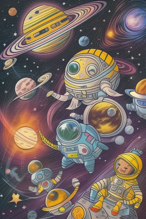 When kids take a trip into space with alien monsters，We want to create AI generated pictures in the style of children&#39;s graphic drawings。。This is copywriting：

In this painting full of fantasy and imagination，Kids explore the secrets of the universe with friendly alien monsters。

Illustration of colorful cosmic background，dot to dot，It was as if the endless universe was shining with a mysterious light。A giant colored planet levitates in the center of the frame，It sparkles，It adds a touch of mystery to the whole picture。

in the cosmos，We can see a small but cute spaceship，Designed for children and alien monsters。The spacecraft takes on bright colors，Decorated with various funny patterns and smiley faces，It gives a feeling of happiness and friendliness。It takes children through the stars，Embark on an exciting space adventure。

The children in the photo are full of energy，They wear spacesuits，Bring a hat and goggles，There was an excited expression on his face。They were laughing on the spaceship、converse，Observe stars and planets together。They have a close connection with alien monsters，Communicate in a friendly way and share the joy of this space trip。

close to spaceship，We can see some cute alien monsters，They are friendly messengers from distant planets。These alien monsters have strange shapes，The color is bright，Explore the mysteries of space with children。With the kids, They created a space adventure team full of laughter。

The whole painting has clean lines，Vibrant colors，Presents the characteristics of children's graphic painting。The graphics are full of gameplay and exploration，Let every audience feel the childlike heart and fantasy in space。This painting encourages children to explore the unknown、Brave adventure，It also reflects the importance of friendship and cooperation。