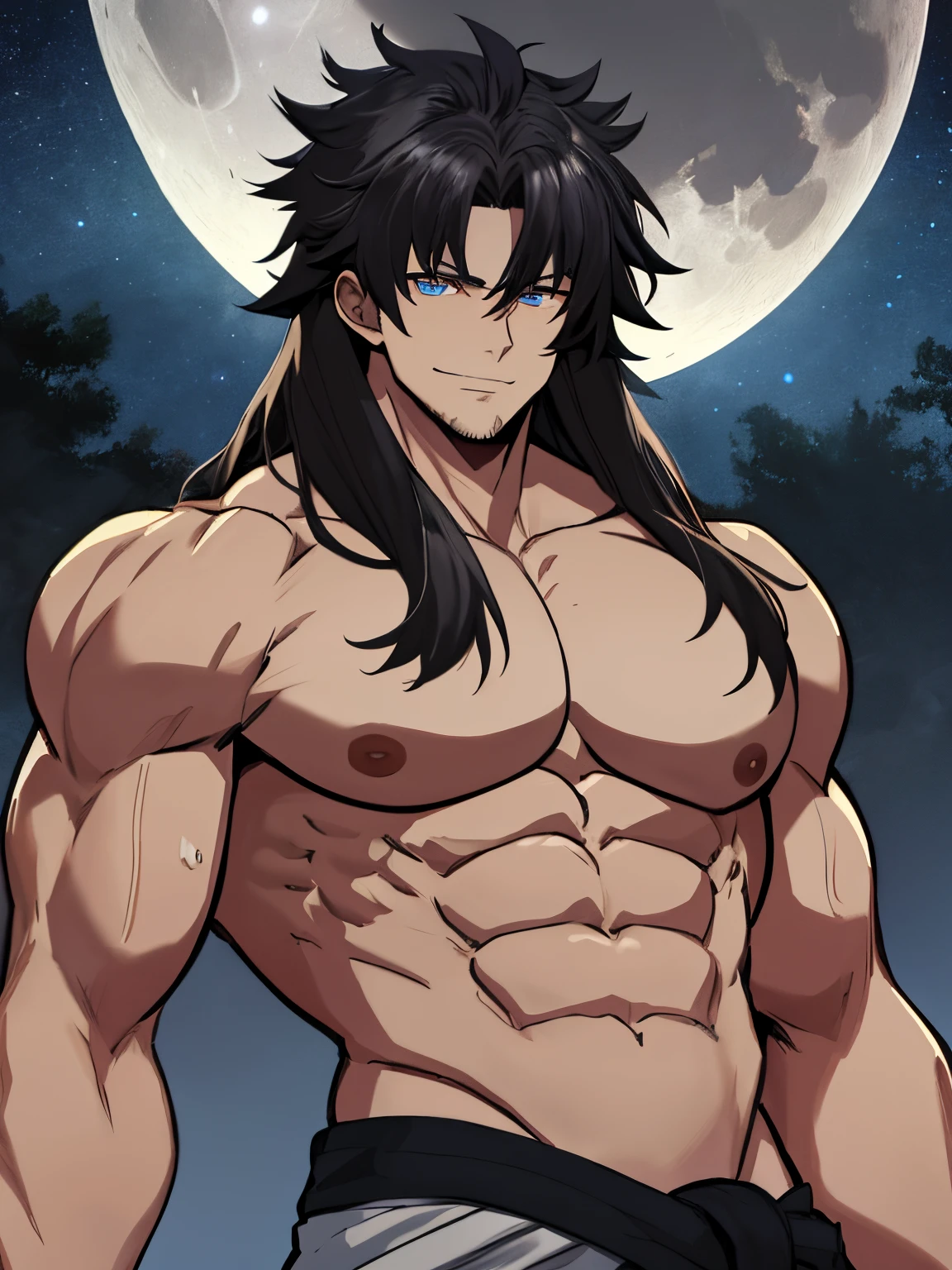 (masterpiece:1.4), (best quality:1.4), 1 man, solo, (Emiya Kiritsugu \ Fate\Zero):1.2), a muscular man, tanned complexion, jet black hair, (((shoulder length hair))) blue eyes, (very detailed eyes:1.2), ((delicate eyes:1.2, anime style eyes:1.2)) (very detailed face:1) (very detailed iris and pupils :1.2) Celtic sword, ((Celtic sword.)) Bare torso, bare shoulders, Shirtless, Topless, Gigachad, body full of enormous muscles, V-shaped body, arrogant smile, shirtless, topless, gigachad, he wear a brown cloth loincloth and a black belt, massive muscles, massive pecs, ((massive pectorals)) ((huge pectorals)) chiseled abs, huge and massive pectorals, exaggeratedly huge and massive muscles, shoulders twice as wide, massive shoulders, 300 lbs, looking at viewer, upper body, Barbarian village in a meadow, sky, night, stars, moon.