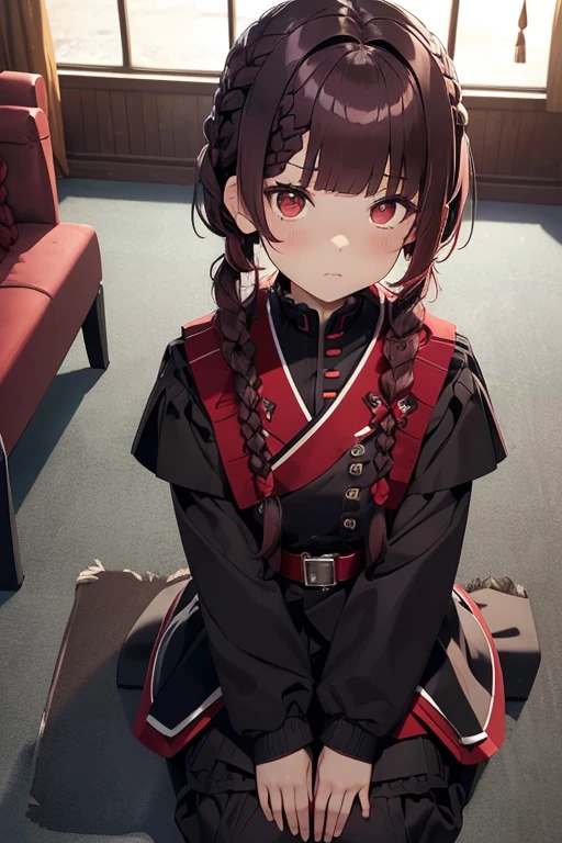 dark red hair, full body Esbian, fluffy hair, Layered Bob, ((Braided shorthair)), ((Braiding bangs)), (asymmetrical length pigtails), ((Single-sided pigtail)), (a short bob), (long court), inside in room, sit on sofa, Slightly red tide, Rin々Facial expressions, ((Perspective from above)), ((Black military uniform)),