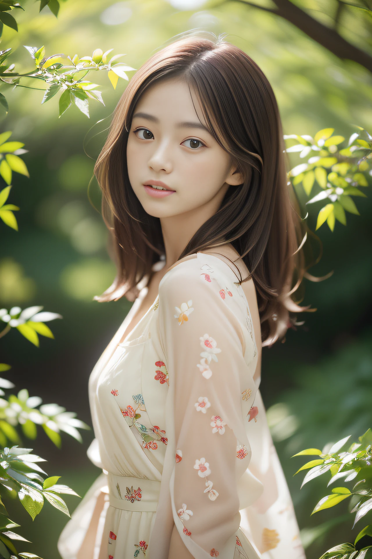girl in a quiet garden, beautiful detailed eyes and face, long eyelashes, serene expressions, flowing floral dress, standing elegantly, colorful flower々Surrounded by, Sunlight shines through the trees, Create a warm and dreamy atmosphere. Medium: Oil Painting. extra details: Delicate brush strokes, Vibrant colors, Soft and smooth texture, Intricate floral pattern on the dress, Breeze rustling leaves. (Best Quality, 4K, hight resolution, masutepiece:1.2), Ultra-detailed, (Realistic, Photorealistic:1.37), Vivid colors, Studio Lighting, Sharp Focus, Bokeh, Peaceful and serene atmosphere, Sunlight through the leaves, quiet and harmonious composition.