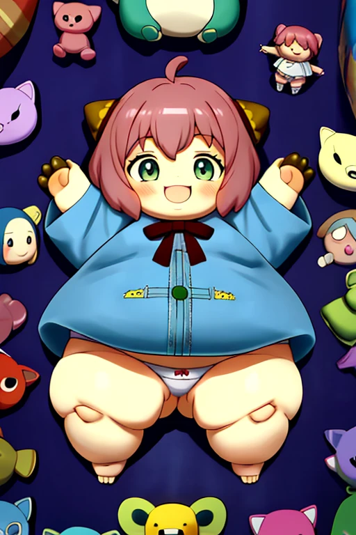masterpiece, best quality, absurdres, ultra detail,(nendoroid), dwarfãgirl, obese Anya,chibi,petite, panties, short hair,hands up,happy,clawmachine,(plushies, plush, goodies, plushies, toys),