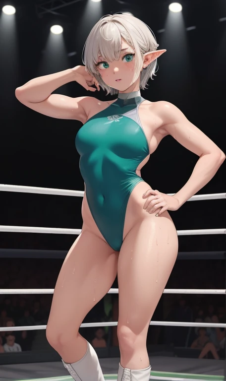 full body photographed、​masterpiece、top-quality、hight resolution、Bery short hair、elvish、silber hair、Big green eyes、weak、High leg cut swimsuit、white sporty boots、Sweaty skin、Professional wrestling venues、professional wrestling、（（On the ring of professional wrestling：1.1））、Red face、20 year old woman,Young Woman's （（She's standing：1.2））、（tiny chest:1.2）、sullenness、2 girls in、Staring