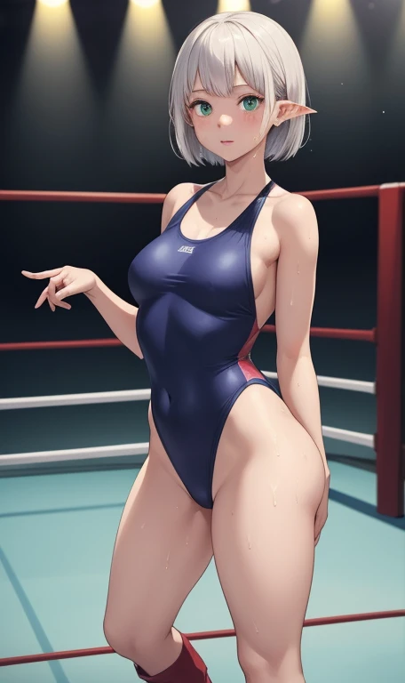 full body photographed、masterpiece、top-quality、hight resolution、Bery short hair、elvish、silber hair、Big green eyes、weak、High leg cut swimsuit、white sporty boots、Sweaty skin、Professional wrestling venues、professional wrestling、((On the ring of professional wrestling:1.1))、Red face、20 year old woman,Young Woman's ((She's standing:1.2))、(tiny chest:1.2)、sullenness、2 girls in、Staring