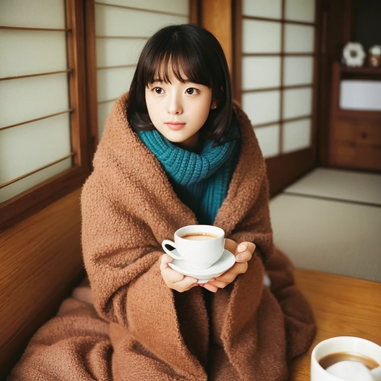 Cute little girl wrapped in a fluffy blanket、((20yr old))、japanes、sitting on、1 girl in、japanese small room、Hold a ceramic coffee cup with both hands、viewer is looking down、Looking up at the viewer、a picture、35mmfilmg