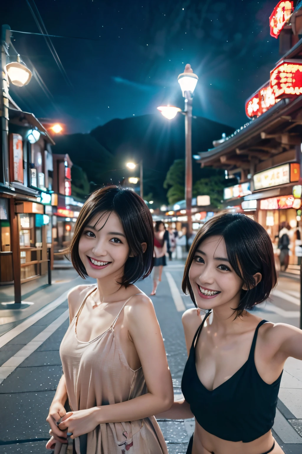 Two people having fun at a theme park at night、Aya Yamamoto and Jurina Matsui、Beautuful Women、short-haired、Beautiful Japan actress、(realisitic、photoRealstic:1.37)、Aya Yamamoto and Jurina Matsui