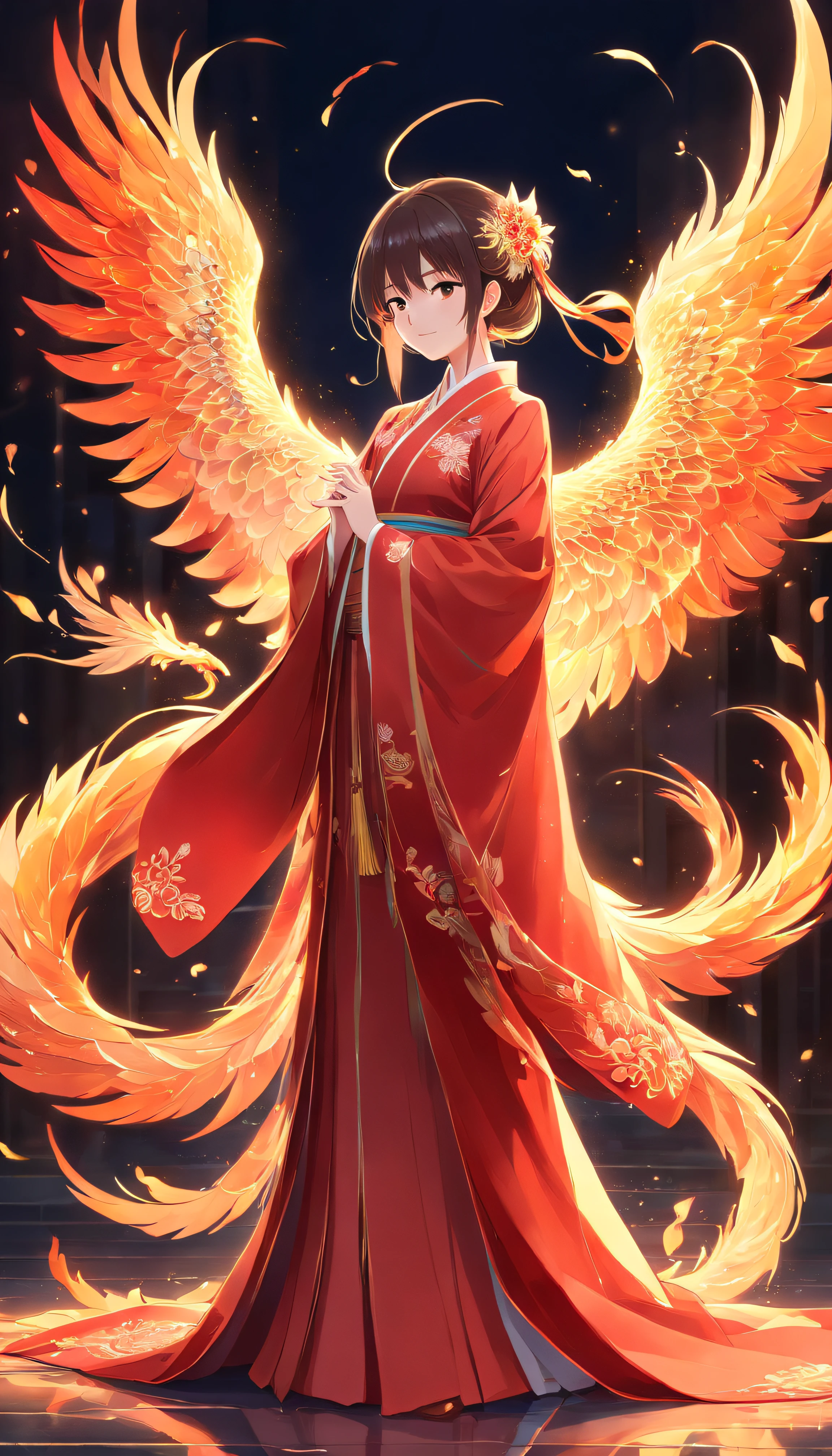 Stunning Chinese Hanfu Wedding Cloak,Crystal translucent phoenix embroidery. The phoenix shines like a diamond. Phoenix is resurrected,Dragging a 2-meter skirt. It used to be beautiful, noble, Red, magia, Octagonal rendering, Surreal, Pastel background