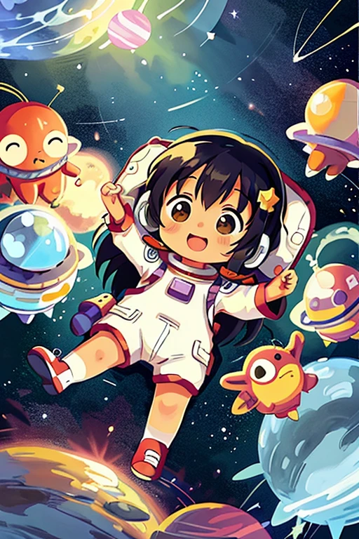 Cartoon illustration of a group of children wearing space suits, Little astronaut, Colorful children's book illustrations, Children's book illustration, Children's book illustration, children's book illustrations, The astronaut, In space, KIDS ILLUSTRATION, KIDS ILLUSTRATION, in outer space, Children's book illustration, Dressed in stars and planets, Cartoon style illustration, Children's book illustration, Children's book illustration, space themed, Space travelling