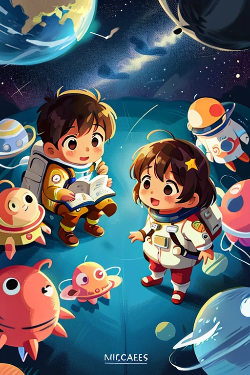 Cartoon illustration of a group of children wearing space suits, Little astronaut, Colorful children's book illustrations, Children's book illustration, Children's book illustration, children's book illustrations, The astronaut, In space, KIDS ILLUSTRATION, KIDS ILLUSTRATION, in outer space, Children's book illustration, Dressed in stars and planets, Cartoon style illustration, Children's book illustration, Children's book illustration, space themed, Space travelling