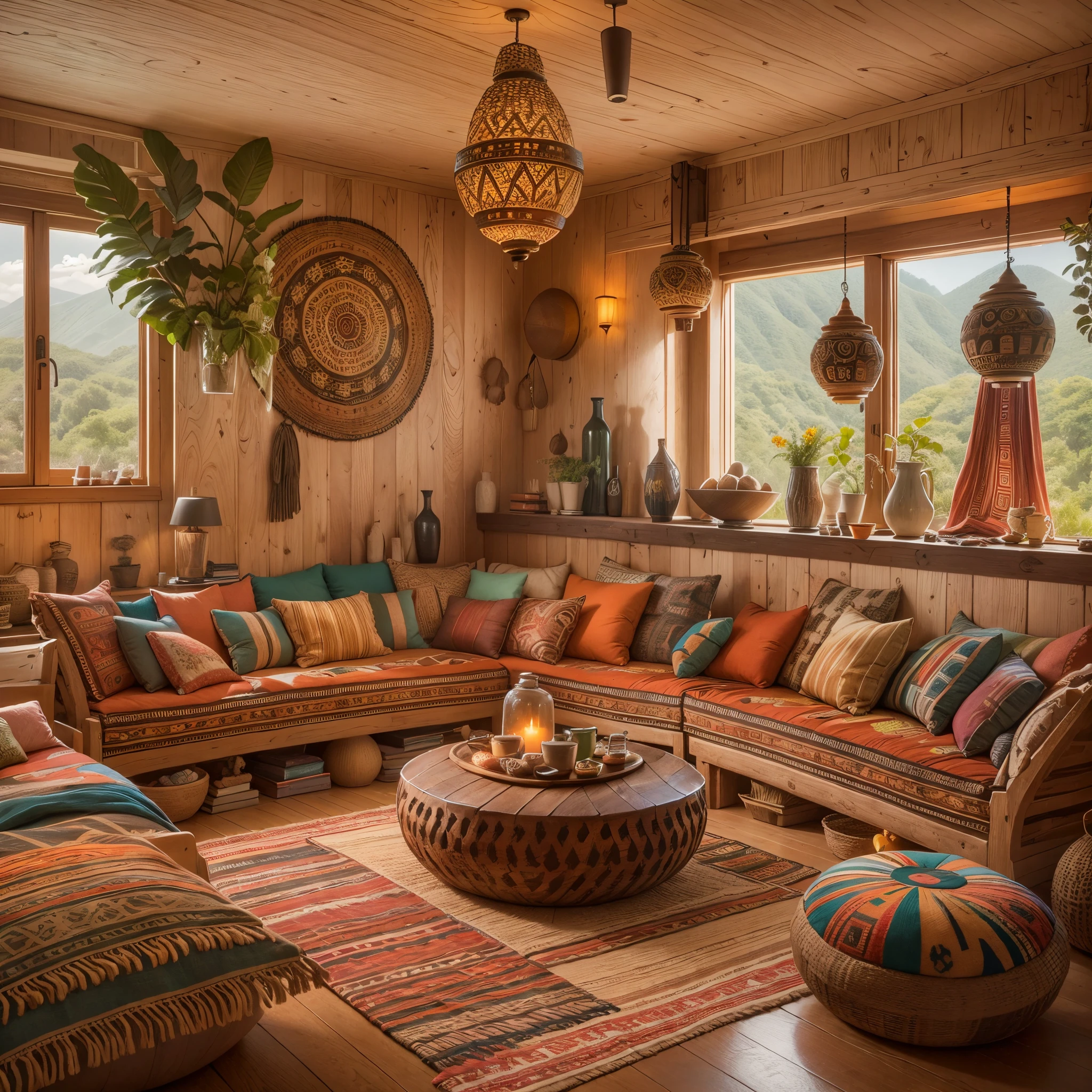 a spacious tribal-style lounge, tribal decorations, cozy seating area, vibrant color scheme, intricate patterns, natural materials, ethnic-inspired textiles, wooden furniture, soft ambient lighting, tribal artifacts, comfortable cushions, large windows overlooking nature, tribal music playing, inviting atmosphere