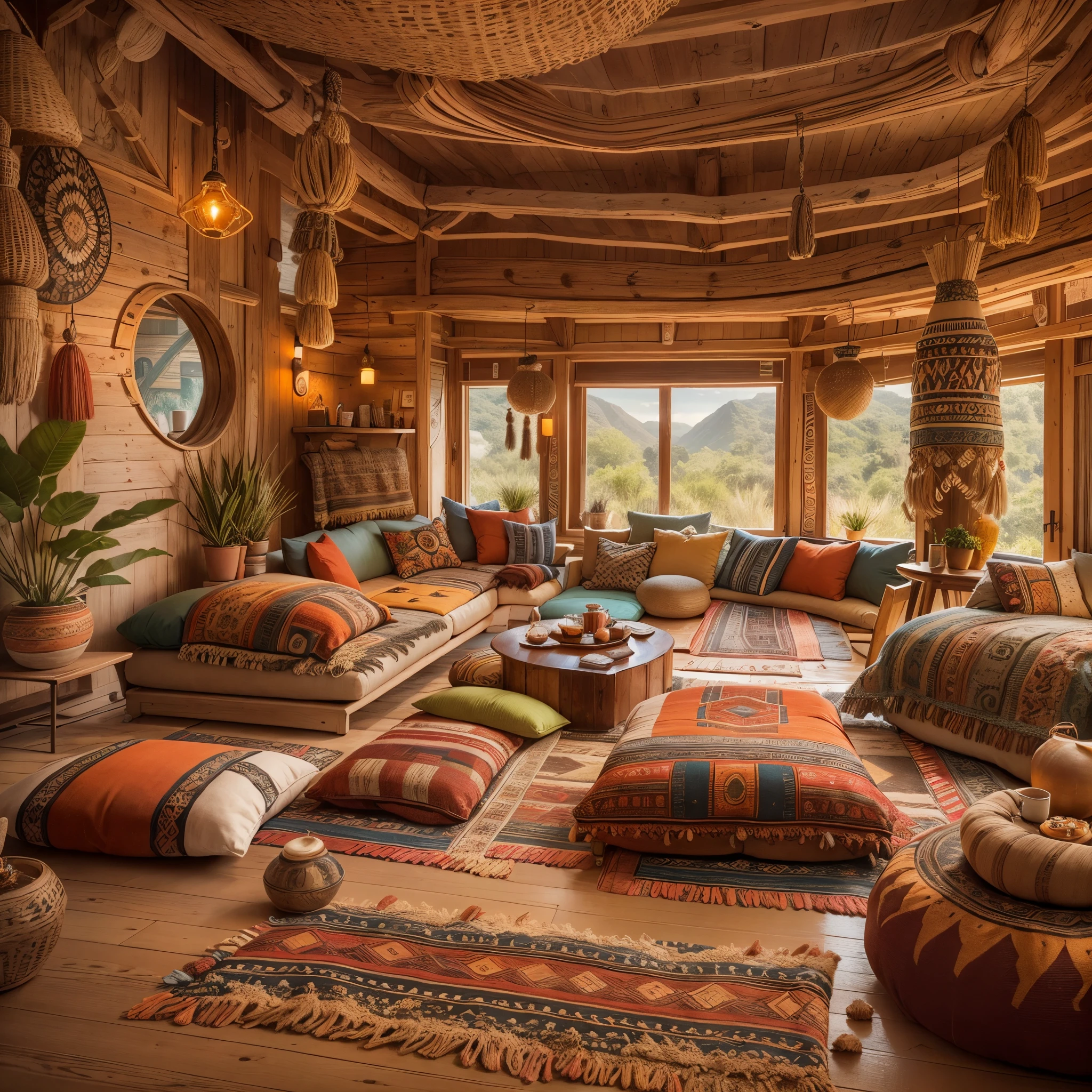 a spacious tribal-style lounge, tribal decorations, cozy seating area, vibrant color scheme, intricate patterns, natural materials, ethnic-inspired textiles, wooden furniture, soft ambient lighting, tribal artifacts, comfortable cushions, large windows overlooking nature, tribal music playing, inviting atmosphere