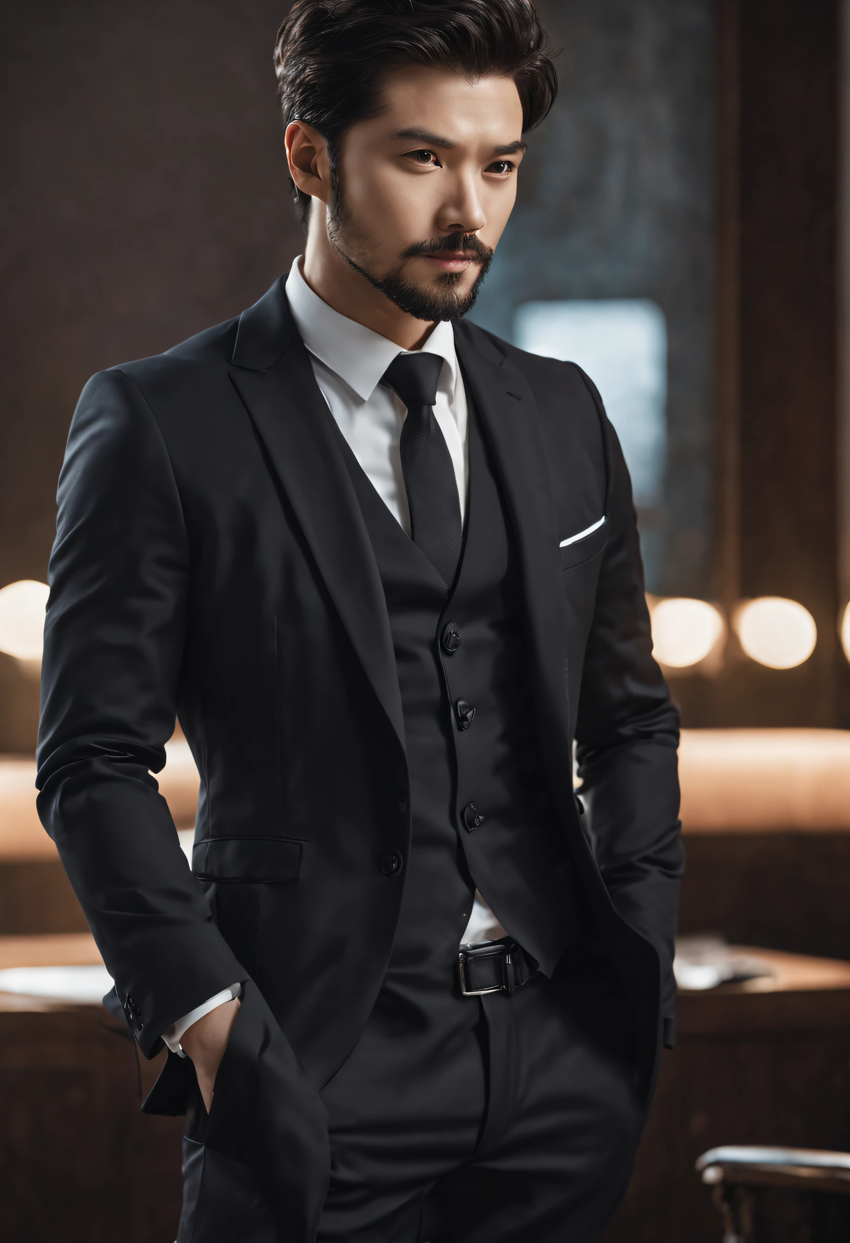 over、Korean Men,Look stylish in your 30s with a black suit and tie.., Ceo, brown hair and beard, (A man wearing a black suit and tie), ),  Attractive and serious look, Short, A dark-haired, elegant and graceful, Suit fit and powerful body shaving, (highs quality, Realistic images), Dark and light black in the image background, video style, ((Excellent Quality, 8K, ​masterpiece), ultra fine photos, (Cute face with details, detail skin texture, Highly detailed body:1.1)