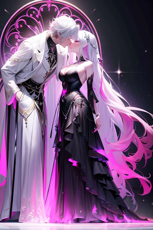 A pink haired woman with violet eyes with an hourglass figure is standing in a black corset dress with bell sleeves is kissing a man with shoulder length white hair with ruby eyes in a simple black suit in a chapel
