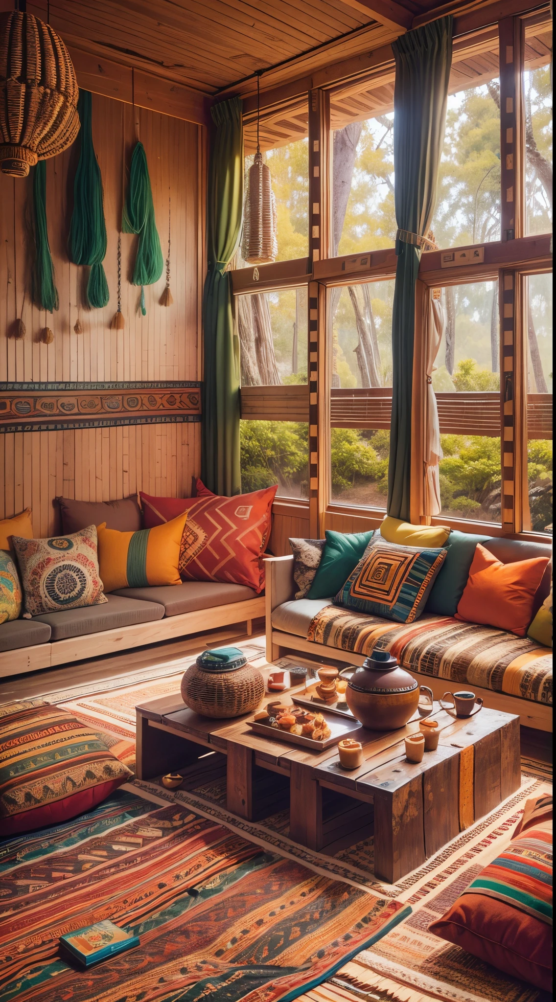 a spacious tribal-style lounge, tribal decorations, cozy seating area, vibrant color scheme, intricate patterns, natural materials, ethnic-inspired textiles, wooden furniture, soft ambient lighting, tribal artifacts, comfortable cushions, large windows overlooking nature, tribal music playing, inviting atmosphere