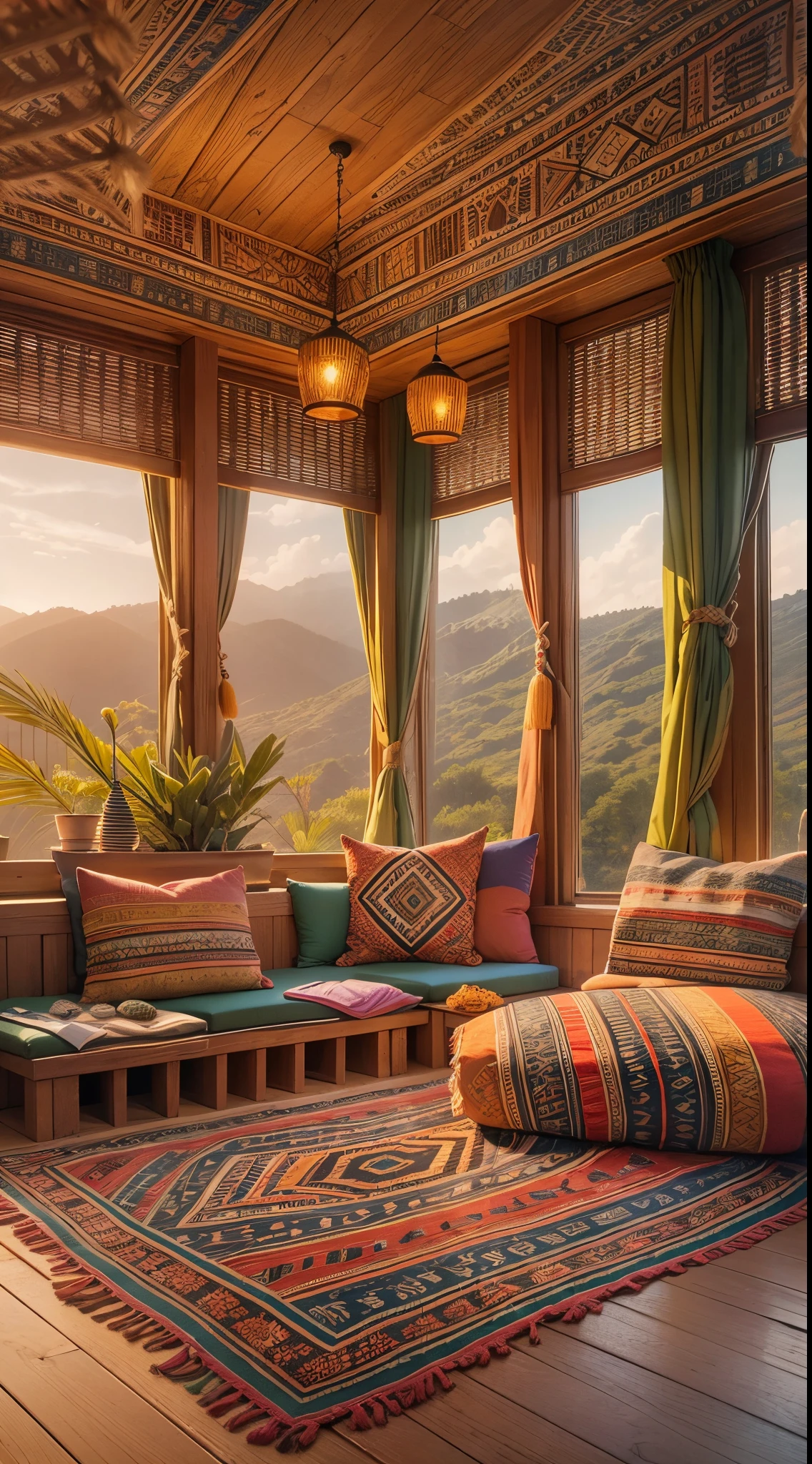 a spacious tribal-style lounge, tribal decorations, cozy seating area, vibrant color scheme, intricate patterns, natural materials, ethnic-inspired textiles, wooden furniture, soft ambient lighting, tribal artifacts, comfortable cushions, large windows overlooking nature, tribal music playing, inviting atmosphere