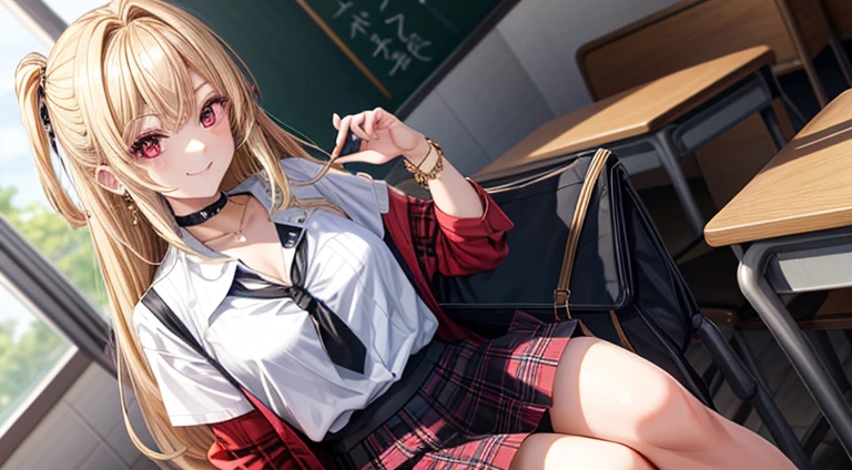 masterpiece, top-quality, 1girl, length hair, sitting on,, Forest bangs, a black choker, Black tie, blonde hair, a blue skirt, red blush, A bracelet, breastsout, a choker, clothes around waist, 鎖骨, shirt with collar, cowboy shot, dress shirts, ear piercings, eyebrows visible through hair, gradation hair, Grinning, gals, jewely, Kogal, length hair, looking at the viewers, Loose tie, neck tie, piercings, Plaid, Plaid skirt, pleatedskirt, red eyes, the ring, student clothes, The shirt, skirt by the, a smile, 独奏, white shirt,Being in the classroom
