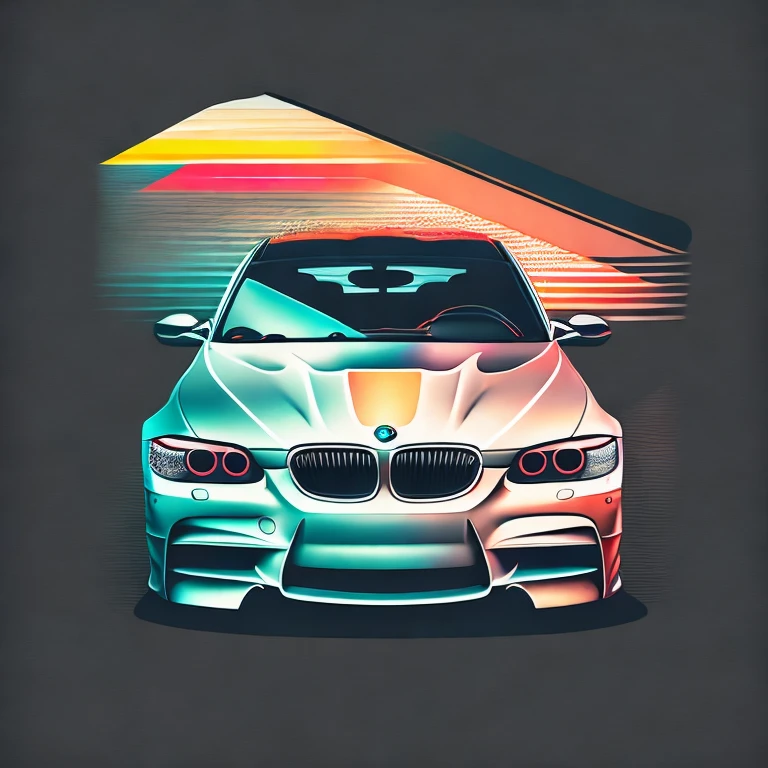 Artwork for t-shirt graphic design, a retro graphic design, BMW F34, BMW 3GT, BMW 320 GT, Gran Tourismo, miami street, soft four color color, vintage pastel tone, highly detailed clean, vector image, realistic masterpiece, professional photography, realistic car, simple car sunrise background, flat black background, isometric, vibrant vector