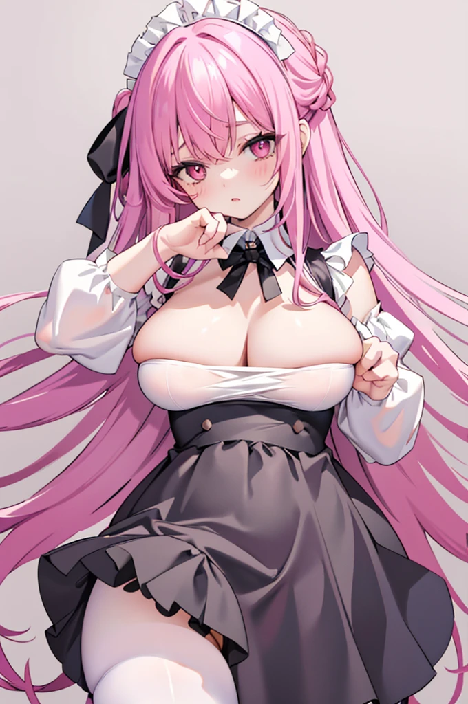 , Crotchless pantyhose, 1 plump girl, mediuml breasts, Alone, how to, pink hair color hair, Pink Long Hair, Very long hair, inner strength, Huge cleavage, Black dress, Cum in the pussy, maid headdress, ((White panty hose)), looking at viewert, Decorative style, Green-eyed, face flushed, skirt lift, Take a step back, How to drip, catss, lie, frilly suffocation,Lower bust, Lop, hair between eye, After sexual , simple backgound, maid, , white backgrounid, pleatedskirt, mini-skirts, Clothes lift, through bangs, Self-elevating, cropped shoulders, Split sleeves, armlets, ahoge, french braid