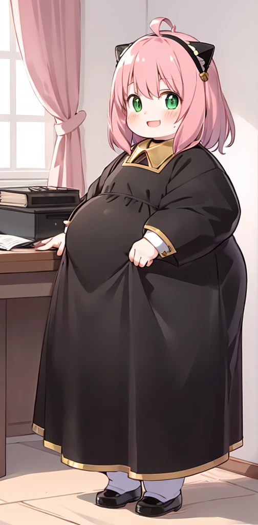 1girl, Obese, Pink hair, green eyes, smiling expression, blushing cheeks, black dress with white collar, black and gold cat ears headband, indoors, desk, standing, (child:1.7), looking at the viewer, open mouth, round face,