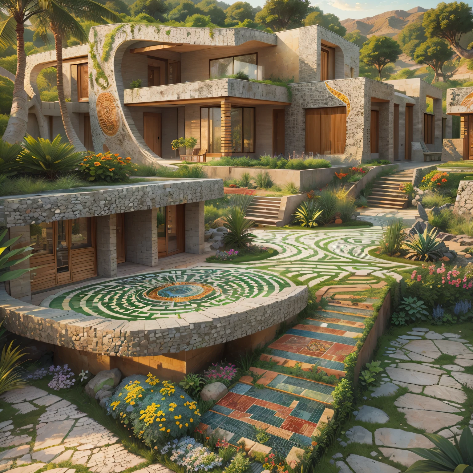 tribal style,Utopian,Afu Futurism,Postmodern,Villas,an outdoor garden, mosaic stone road, the sunset,tribal pattern,tribal sculpture、