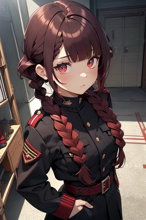 dark red hair, full body Esbian, fluffy hair, Layered Bob, ((Braided shorthair)), ((Braiding bangs)), ((asymmetrical length pigtails)), (a short bob), (long court), inside in room, Slightly red tide, Rin々Facial expressions, ((Perspective from above)), ((Black military uniform)), (hands in the pocket)